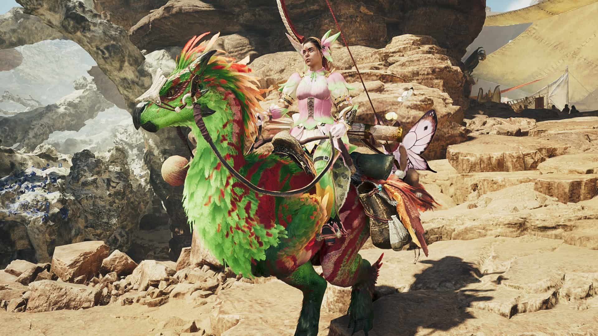 Screenshot from Monster Hunter Wilds of a female hunter with a bow mounted on the back of a green and red Seikret, a bird-like mount.