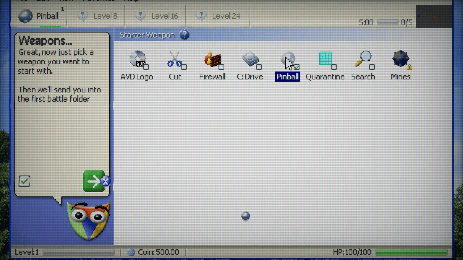 A Windows 2000 style window showing several icons with the header "starter weapon". To the left, an office assistant with a similar design to Clippy shows a speech bubble with the text "Weapons... Great, now just pick a weapon you want to start with. Then we'll send you into the first battle folder." The options for weapon are AVD Logo, Cut, Firewall, C:Drive, Pinball, Quarantine, Search, and Mines. Pinball is currently selected. Stats including HP are shown along the bottom of the screen.