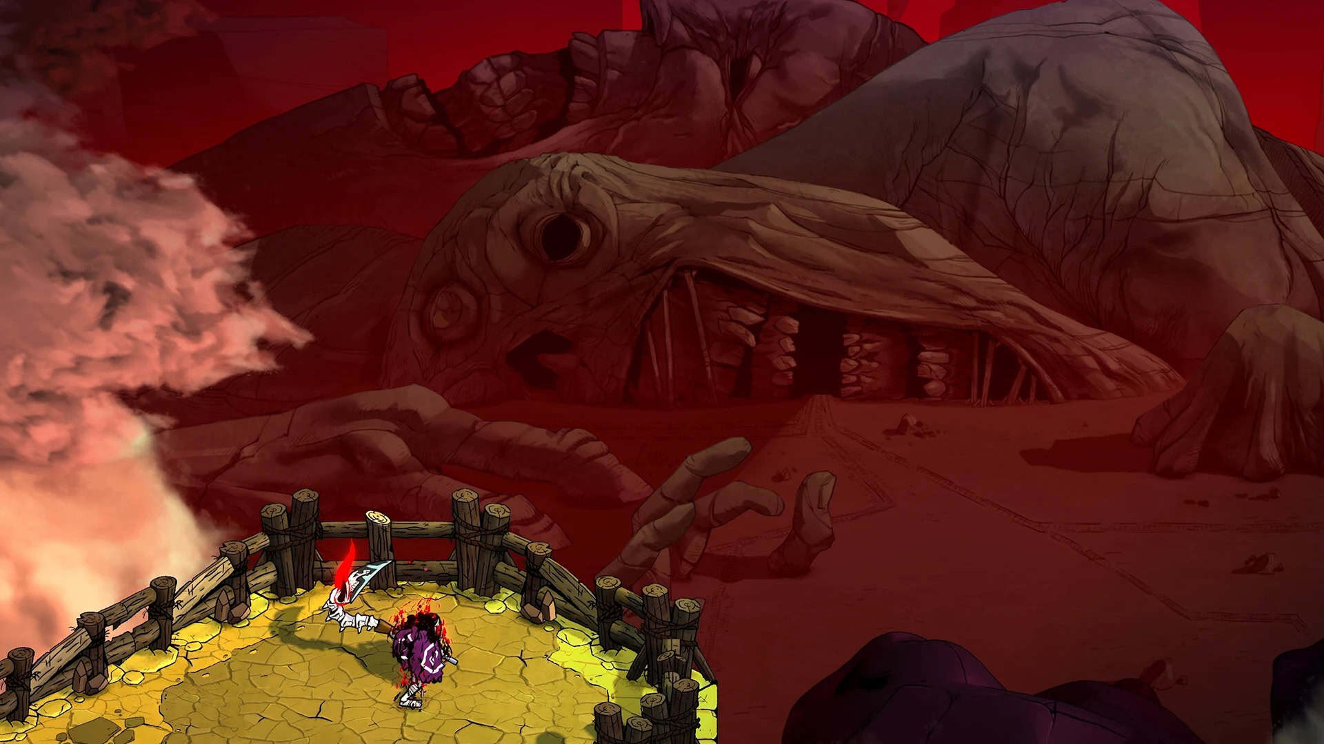 The protagonist of Blighted standing atop a hill, looking onto a giant man who ate all his people