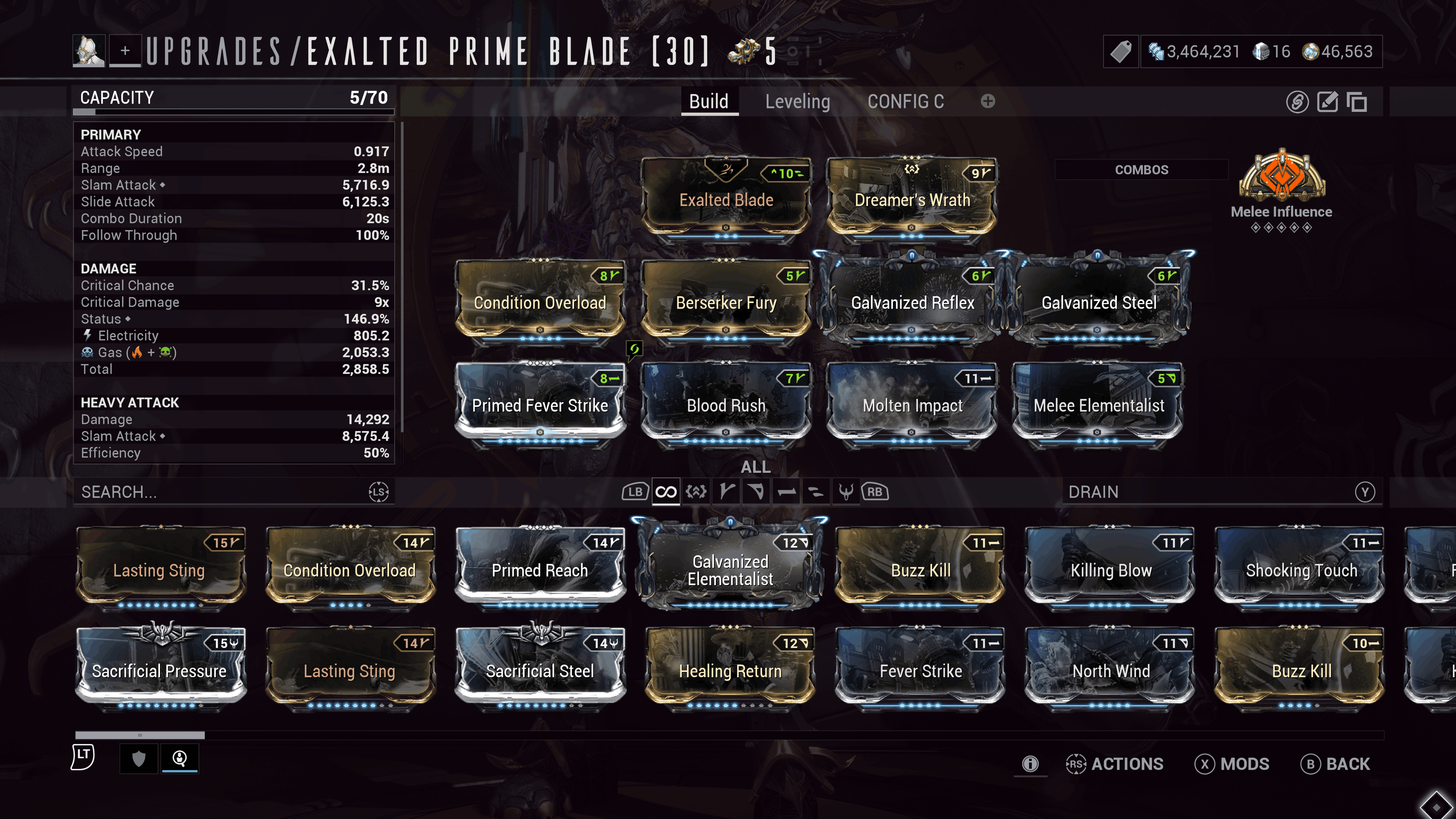 Excalibur's Exalted Blade mod screen in Warframe.