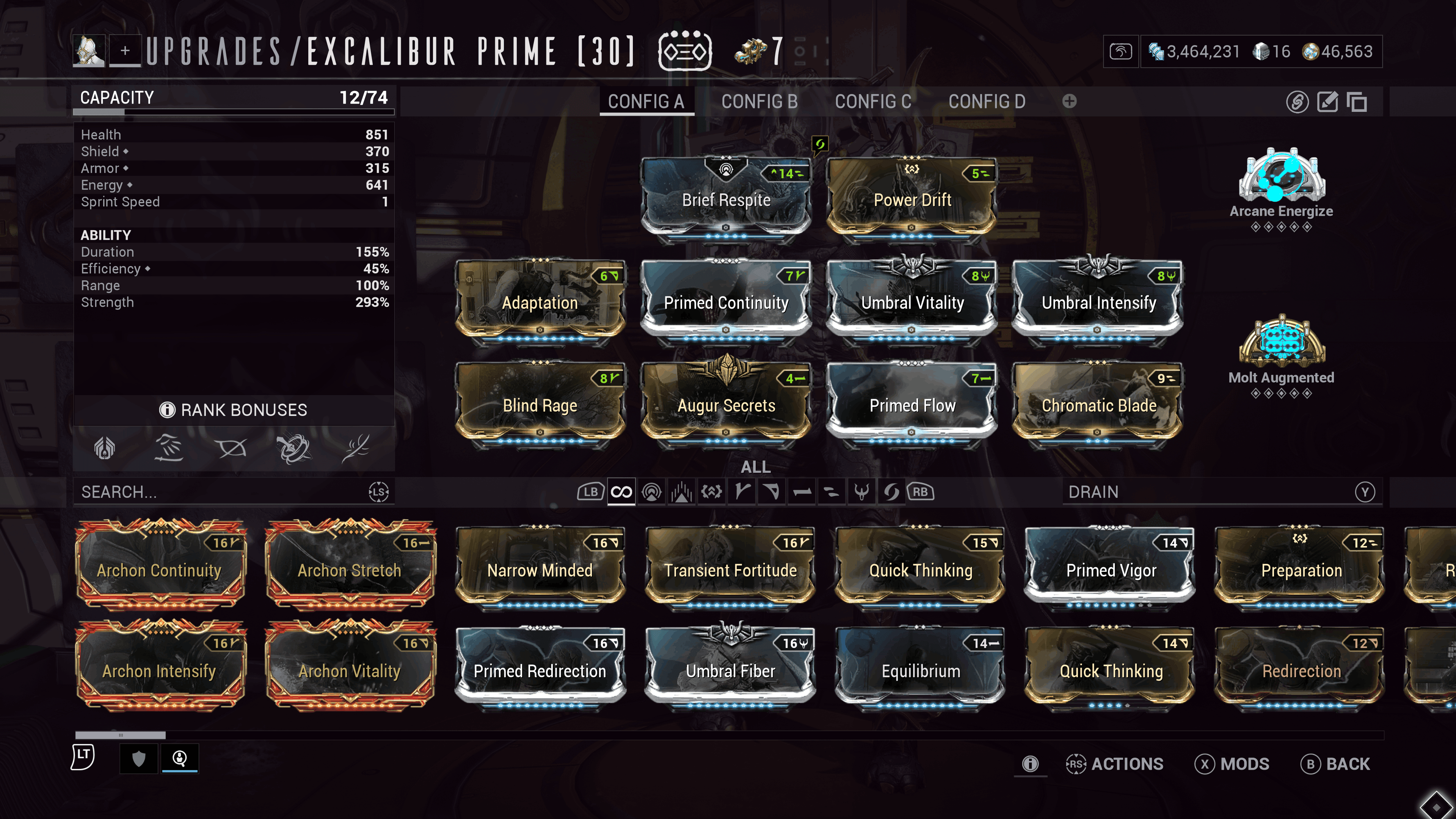Excalibur's mod screen in Warframe.