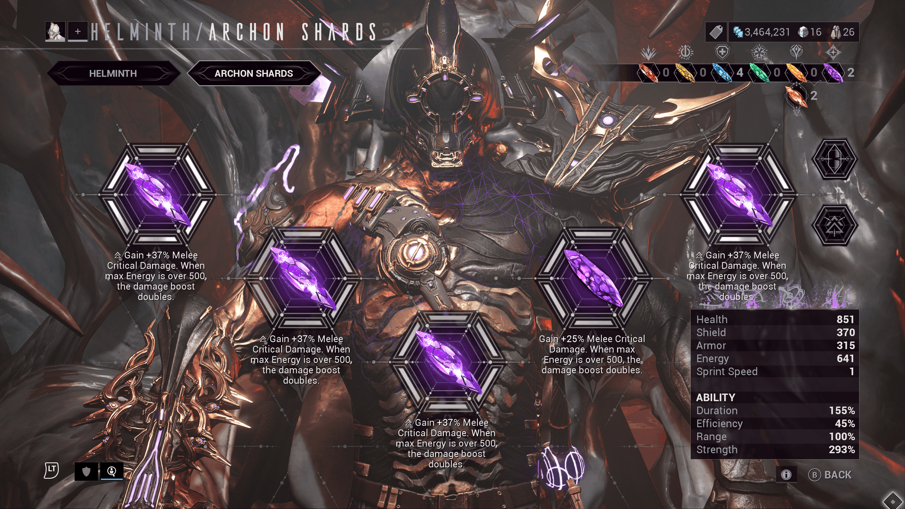 Excalibur's Archon Shard screen in Warframe.