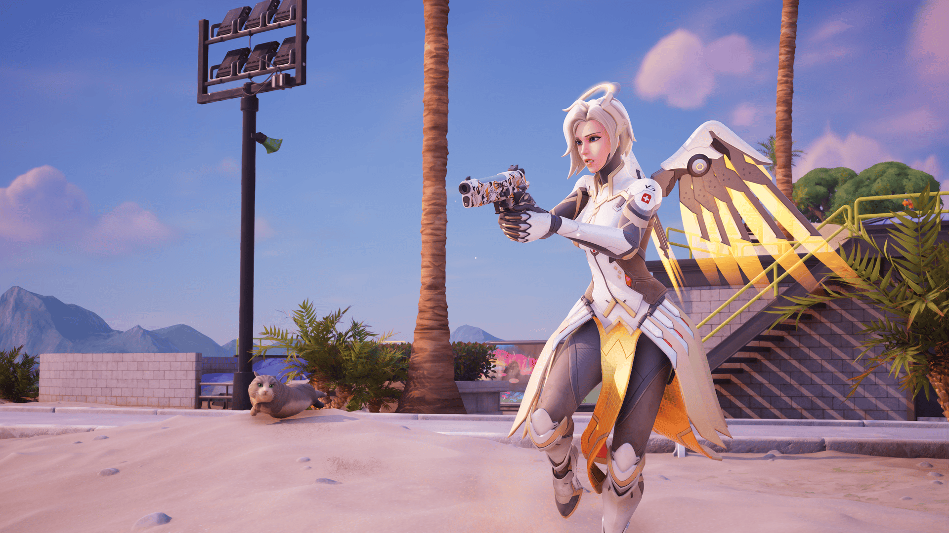 Fortnite Mercy from Overwatch running along a beach
