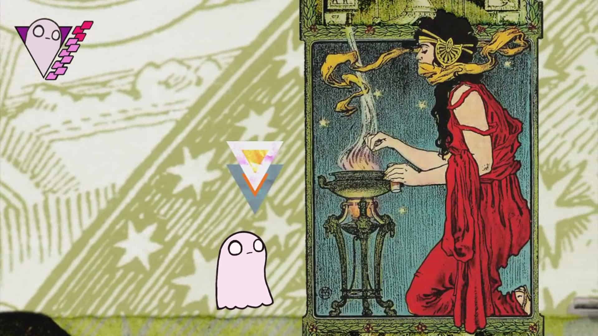A pink ghost standing in front of a piece of art showing a woman adding powder to a fire