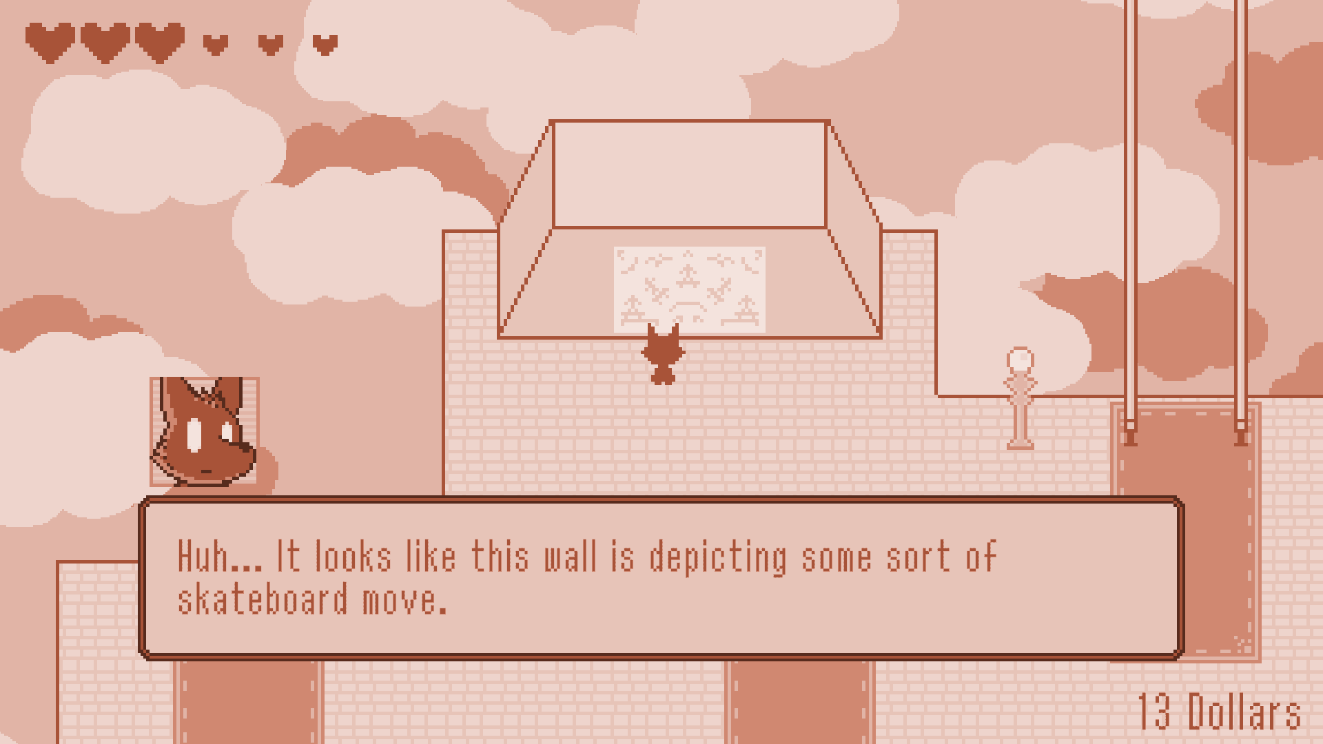 The protagonist looking at a mural showcasing a skateboard trick