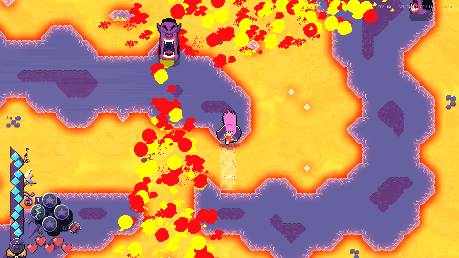 The protagonist of Magical Blush running through an obstacle in a firey area, creating ice blocks to run over lava