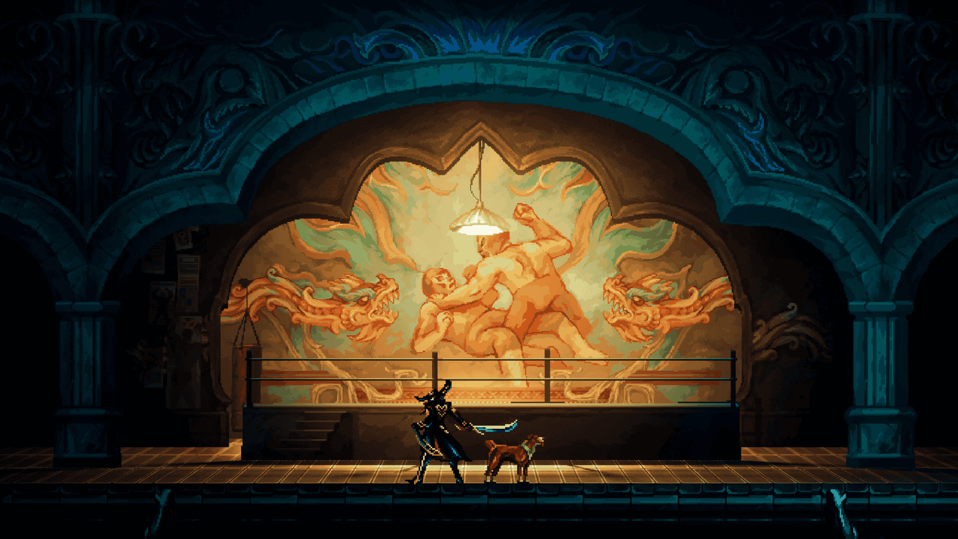La Sombra and a dog looking at a mural in front of a wrestling ring in Mariachi Legends