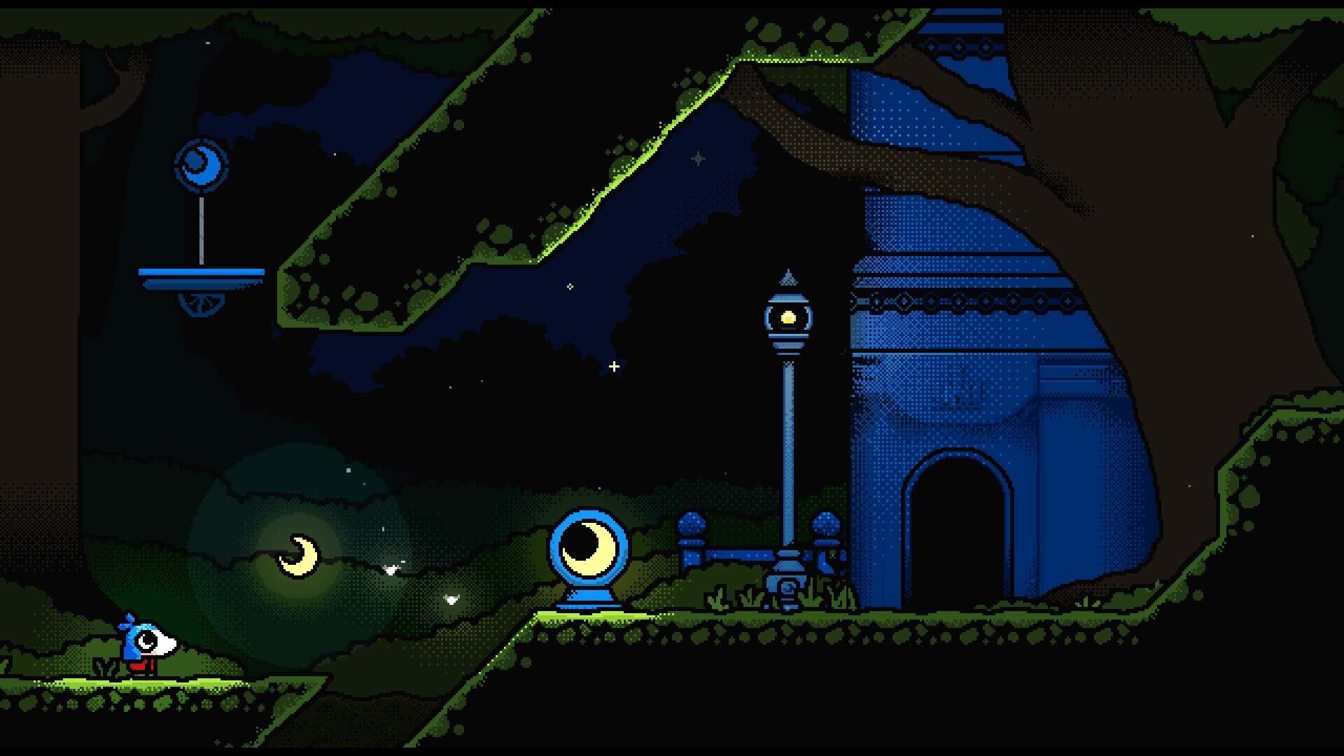 A little guy looking at a floating moon in MONOMOON