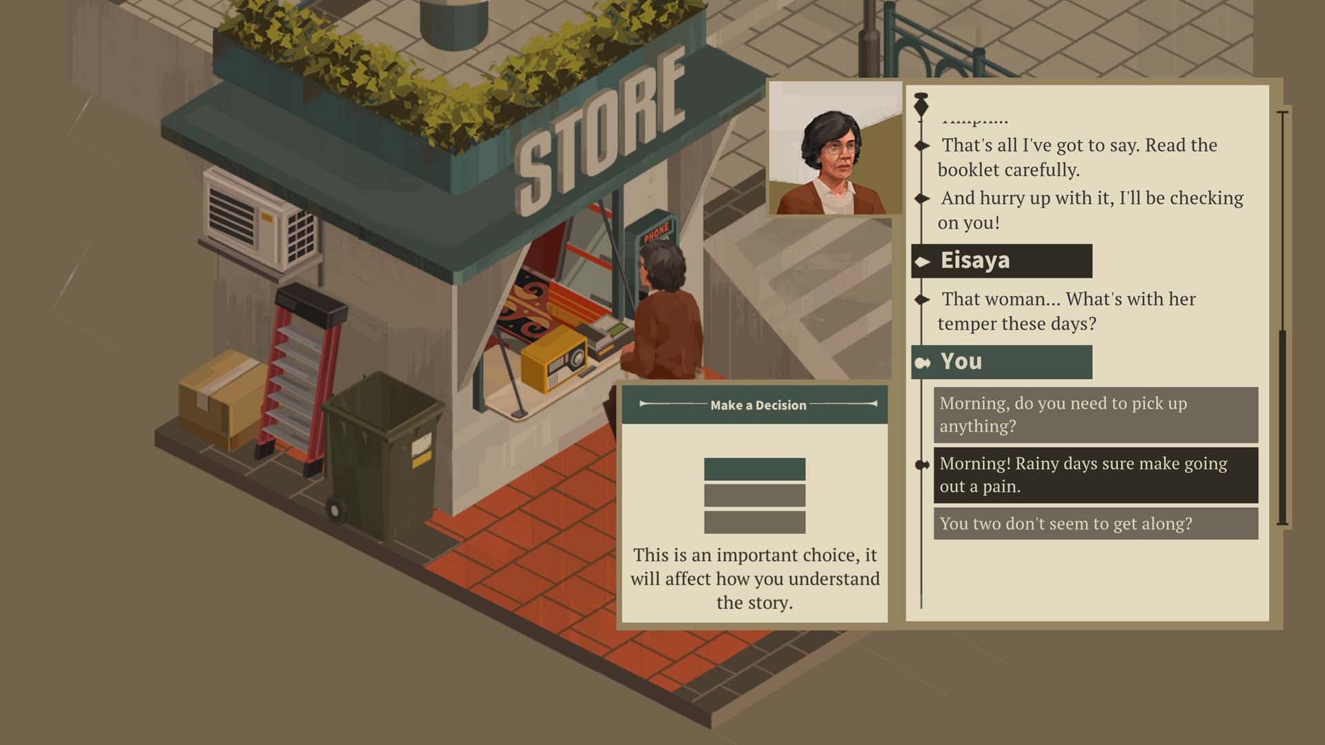 Making a choice during a conversation in NOOK FALL West Town.