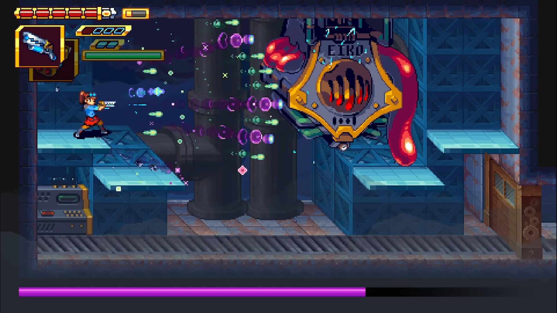 iris fighting a boss enemy. Her gun is firing multiple projectiles
