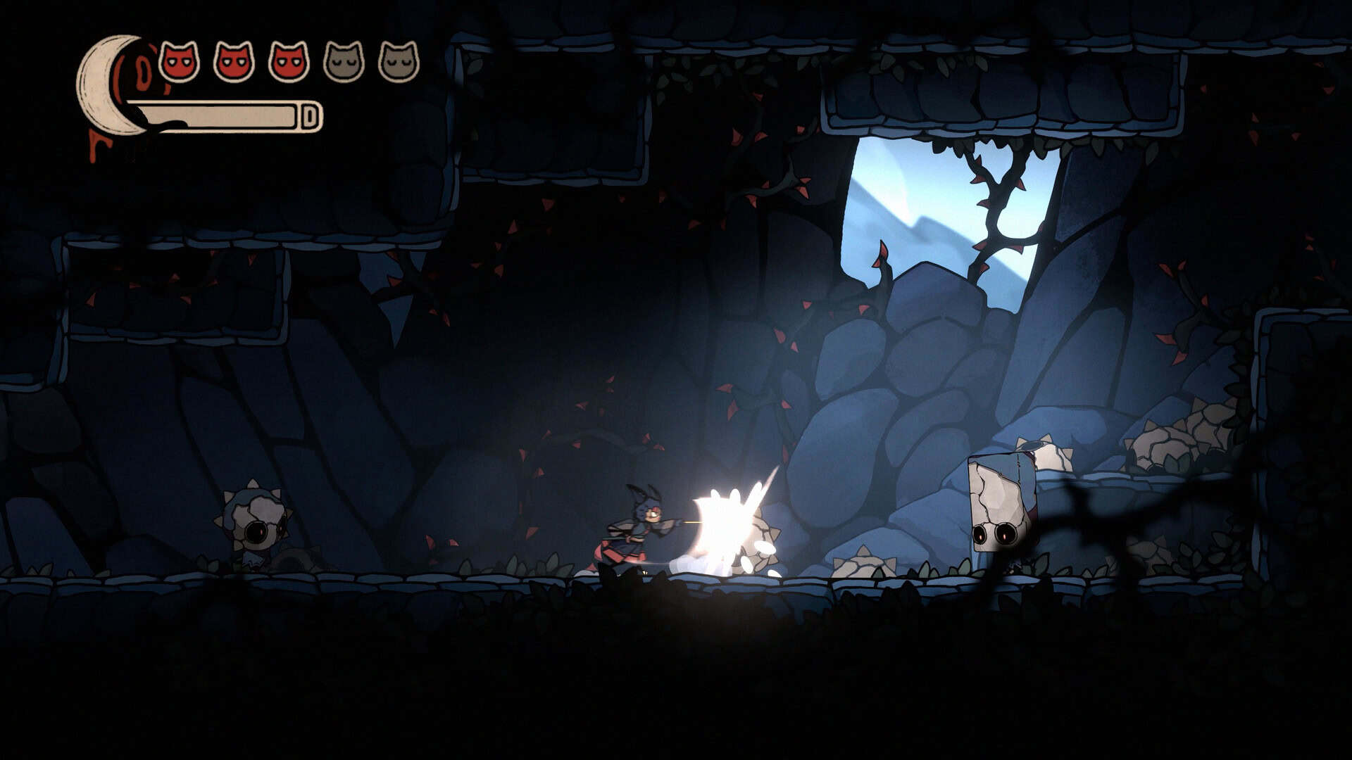 The cat warrior attacking a spikey ball to hit some enemies in front in Otherside