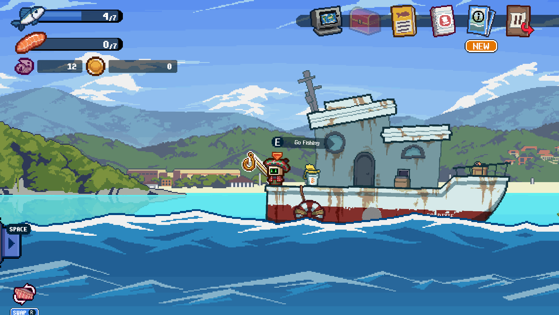 A robot fishing on a rusty boat