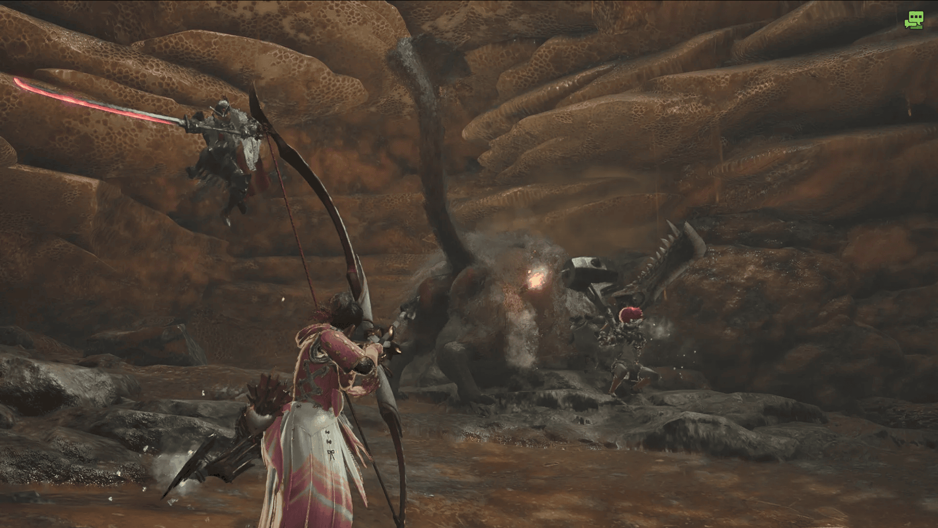 Screenshot from Monster Hunter Wilds of four friends on a hunt, each wielding different weapons. Their target is a Congalala, a pink, monkey-like monster.