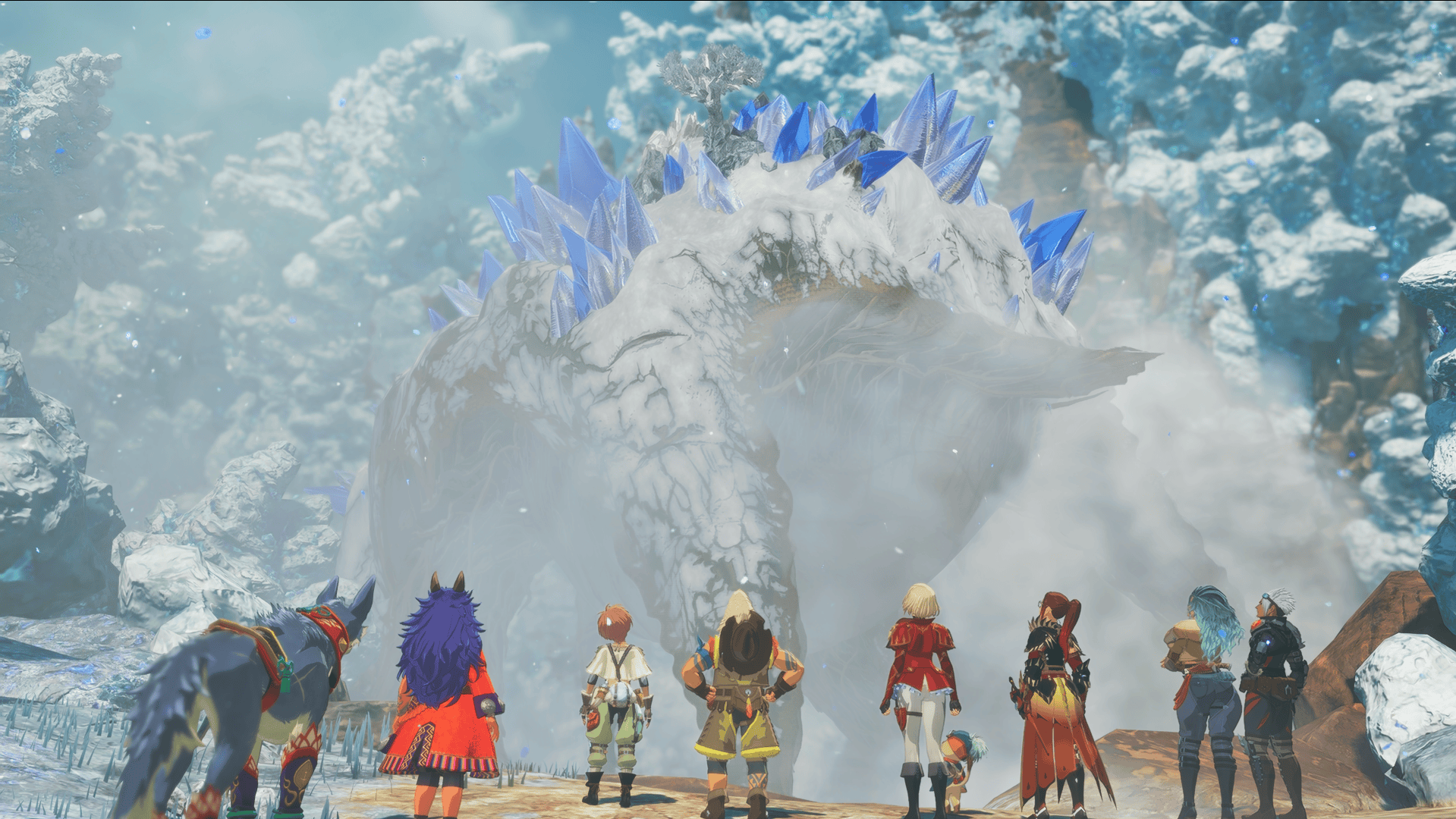 Screenshot from Monster Hunters Stories 3 showing the rangers standing in front of Yama Tsukami after their grueling battle against the elder dragon.