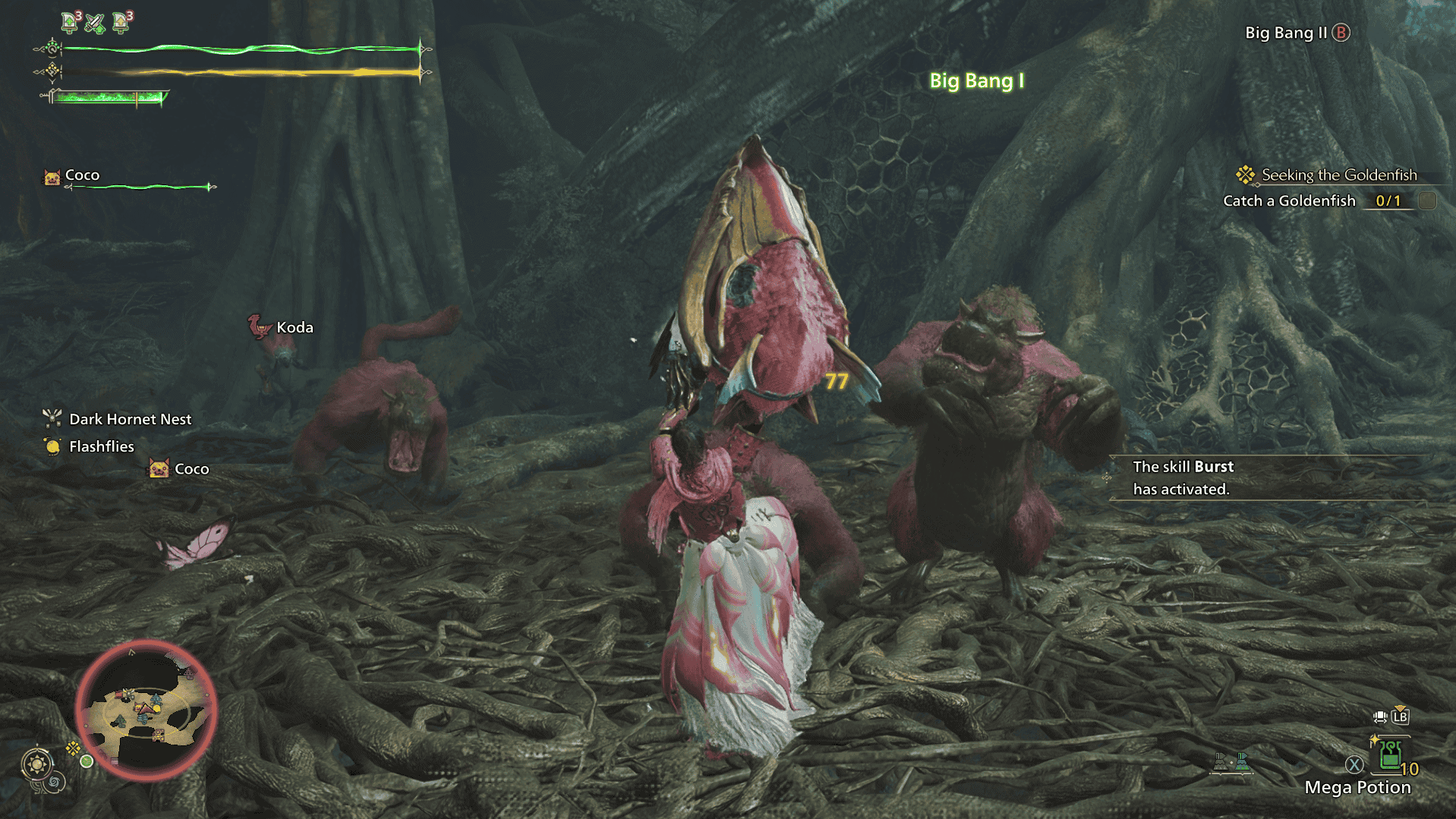 Screenshot from Monster Hunter Wilds of a female hunter attacking a group of Congas, small pink monkeys, with a large hammer