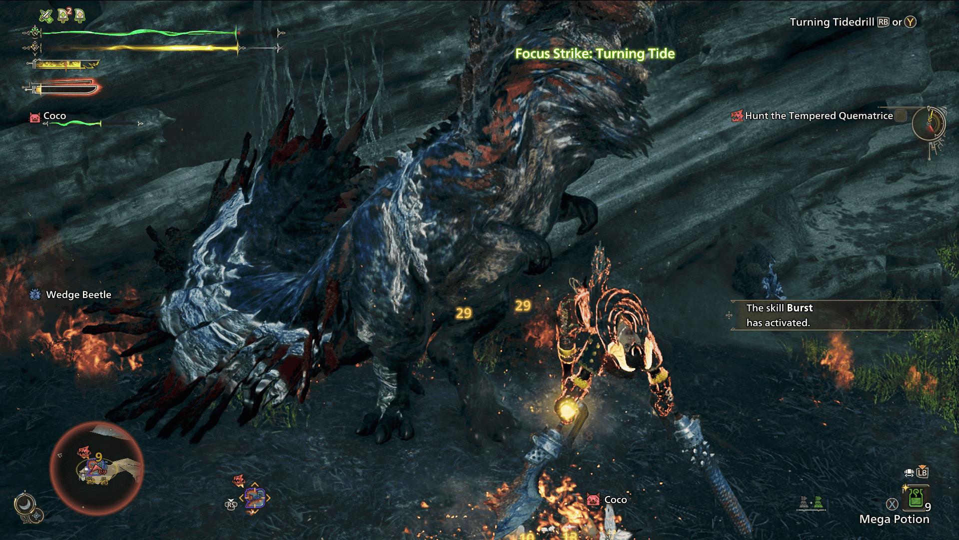 Screenshot from Monster Hunter Wilds of a female hunter performing a flip off a Quematrice - a chicken-like monster - with her dual blades.