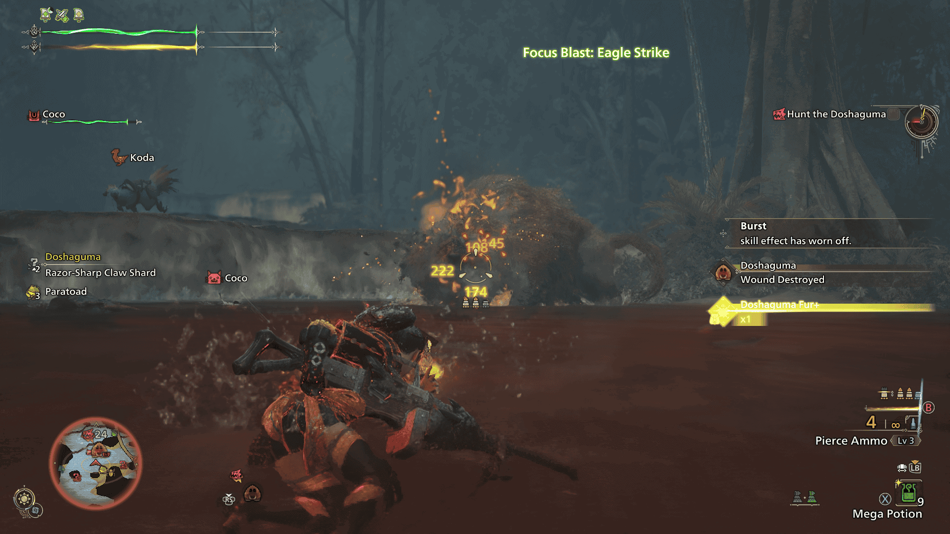 Screenshot from Monster Hunter Wilds of a female hunter firing on a Doshaguma - a bear-like monster - with a light bowgun