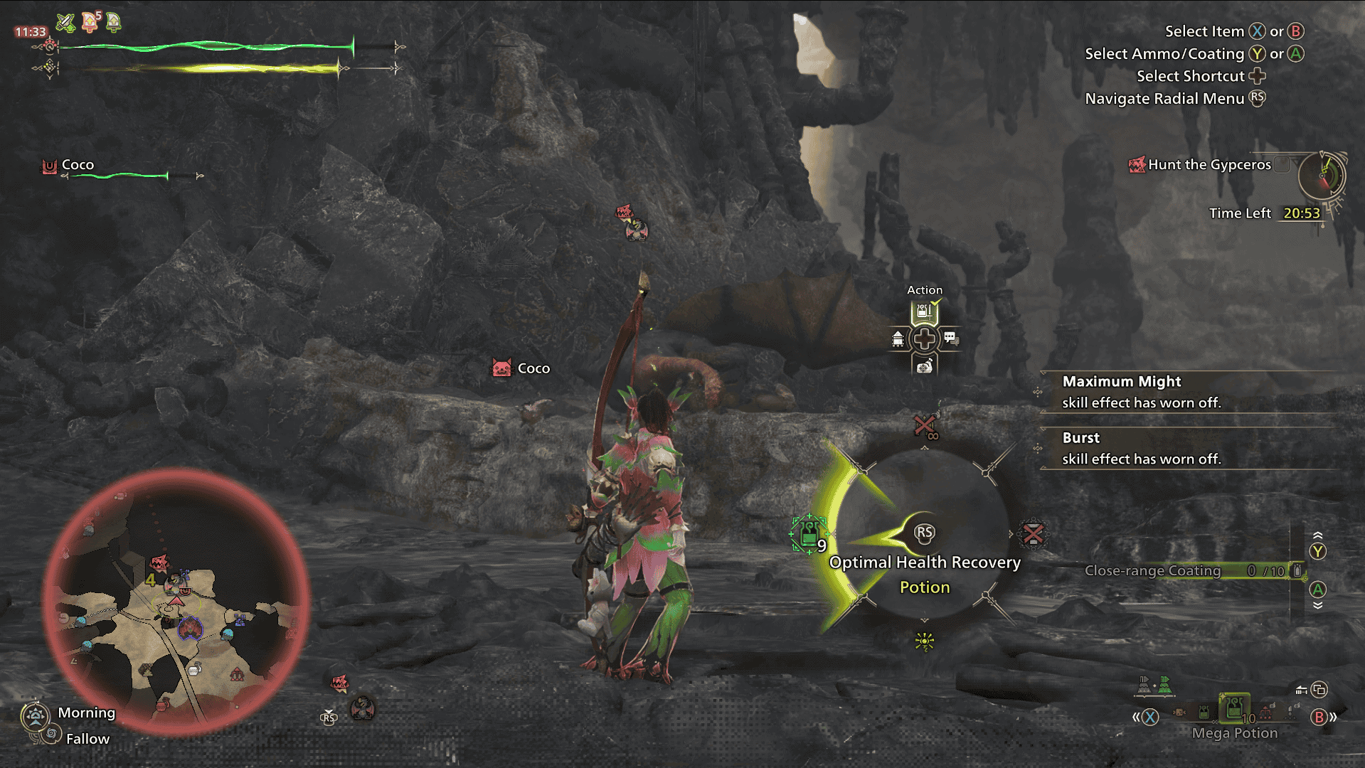 Screenshot from Monster Hunter Wilds showing a player using their radial menu to select their Optimal Health Recovery
