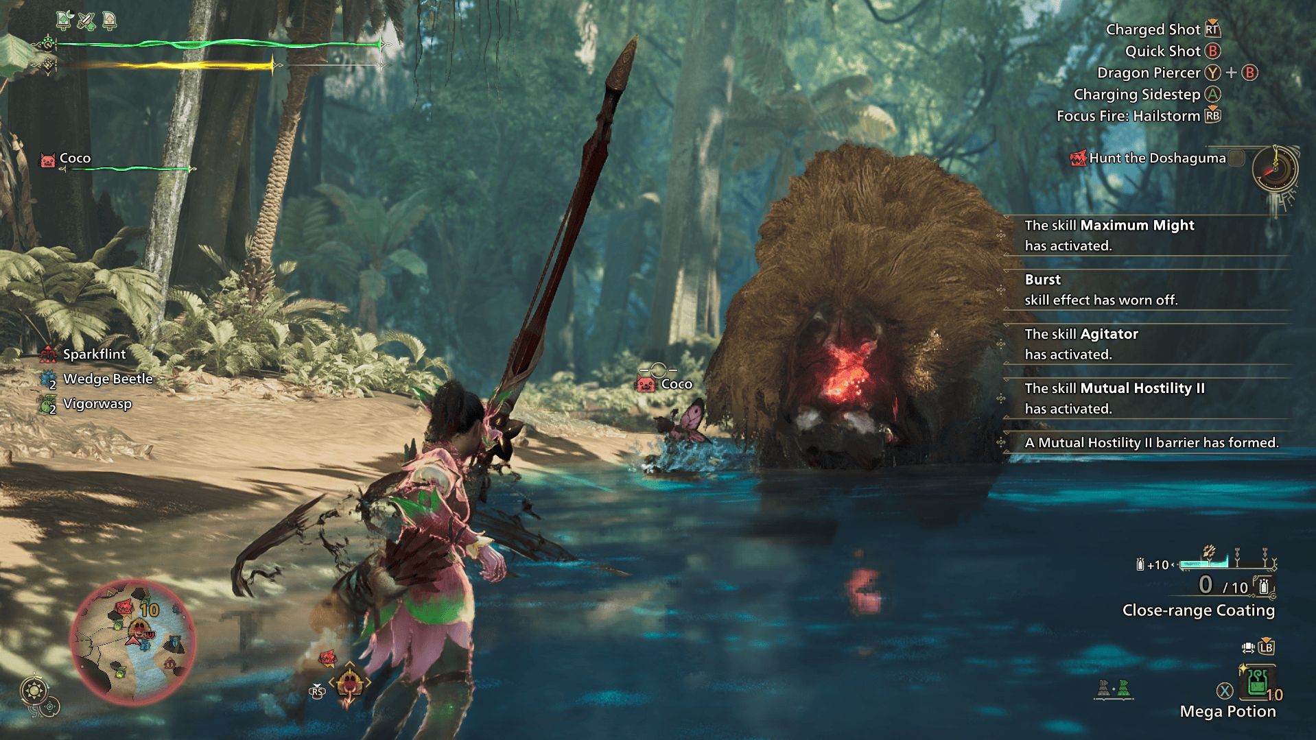 Screenshot from Monster Hunter Wilds showing a female hunter wielding a bow in combat with a Doshaguma - a bear-like monster. The Doshaguma has a red, glowing wound on its head.