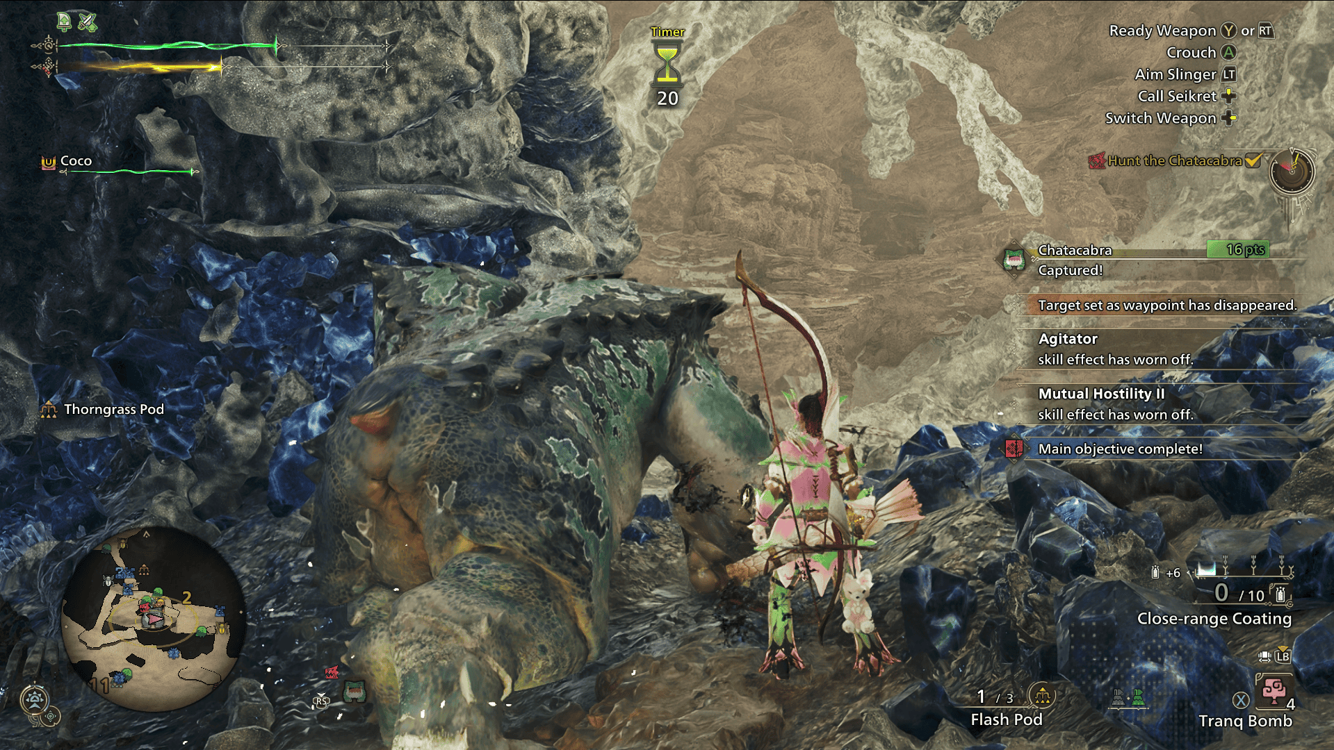 Screenshot of Monster Hunter Wilds showing a female hunter with a bow having successfully captured a Chatacabra - a frog-like monster