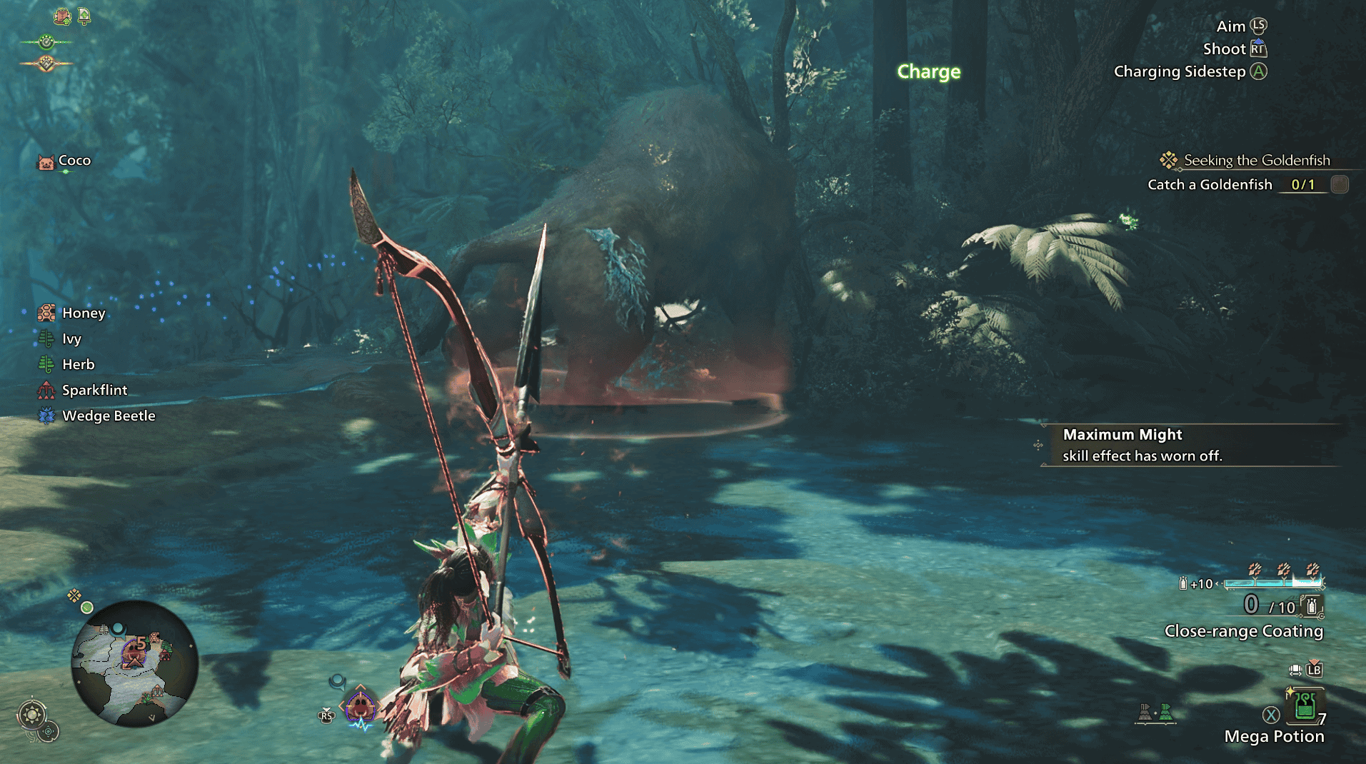 Screenshot from Monster Hunter Wilds of a bow-wielding female hunter charging her arc shot attack on Doshaguma - a bear-like monster