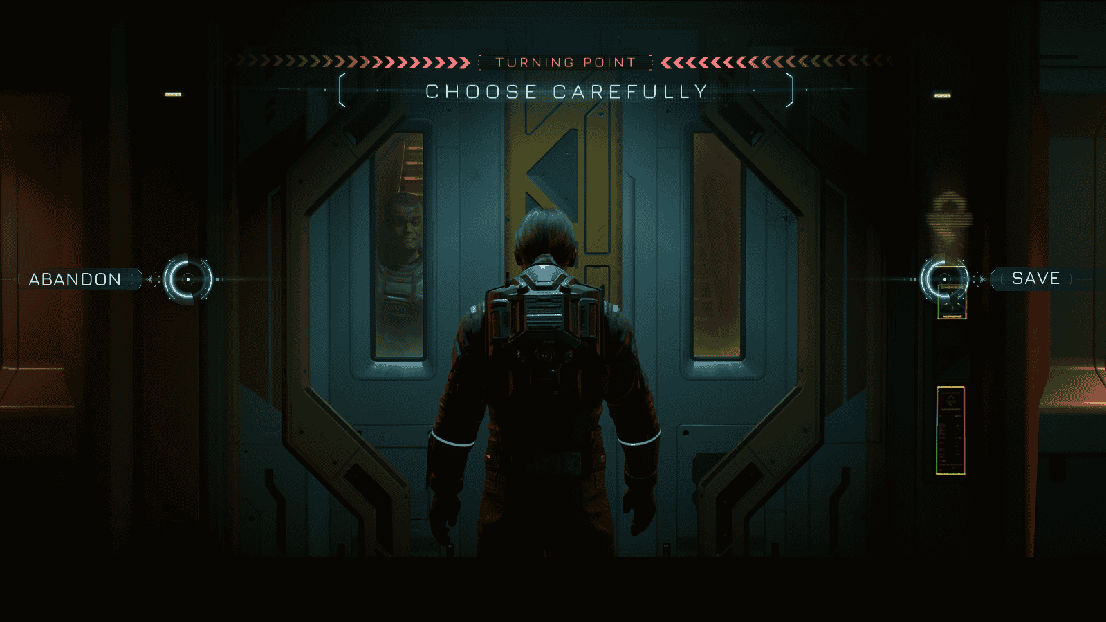 A lady stands facing a pair of sci-fi doors. Through a window in the doors, a man is seen begging to be let in. Text at the top reads 'Turning Point: Choose Carefully', while two options are presented. On the left, 'Abandon', and on the right, 'Save'. Screenshot from Directive 8020.