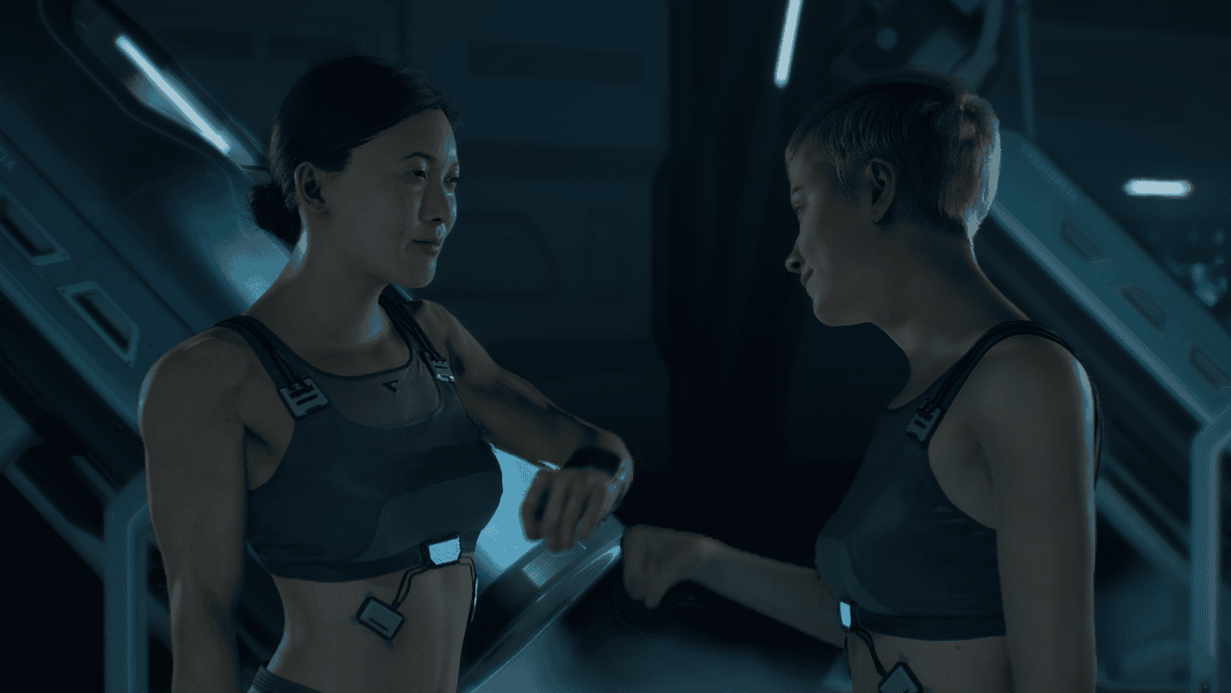 Two women in sci-fi outfits tap each others fists in a friendly greeting - screenshot from Directive 8020