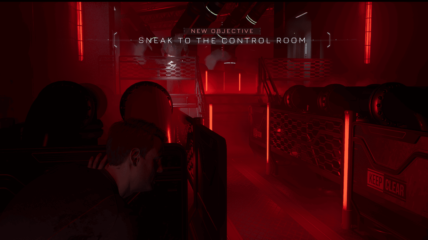 A man hides behind cover in a sci-fi environment, while another man looks for him. Text at the top reads, 'New Objective: Sneak To The Control Room' - Screenshot from Directive 8020