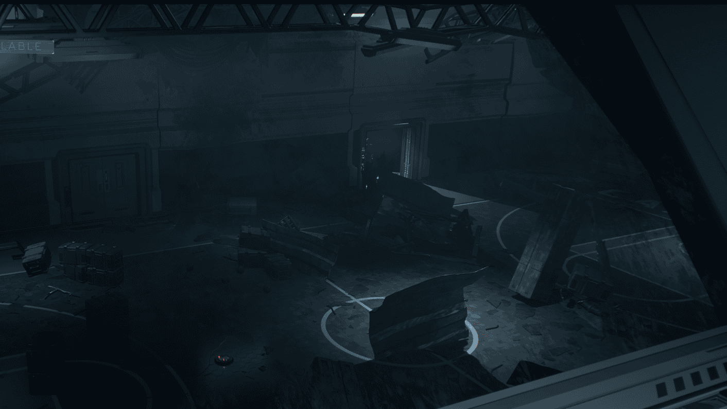 Screenshot of a ruined but sci-fi gym, with an ominous figure in the doorway - screenshot from Directive 8020