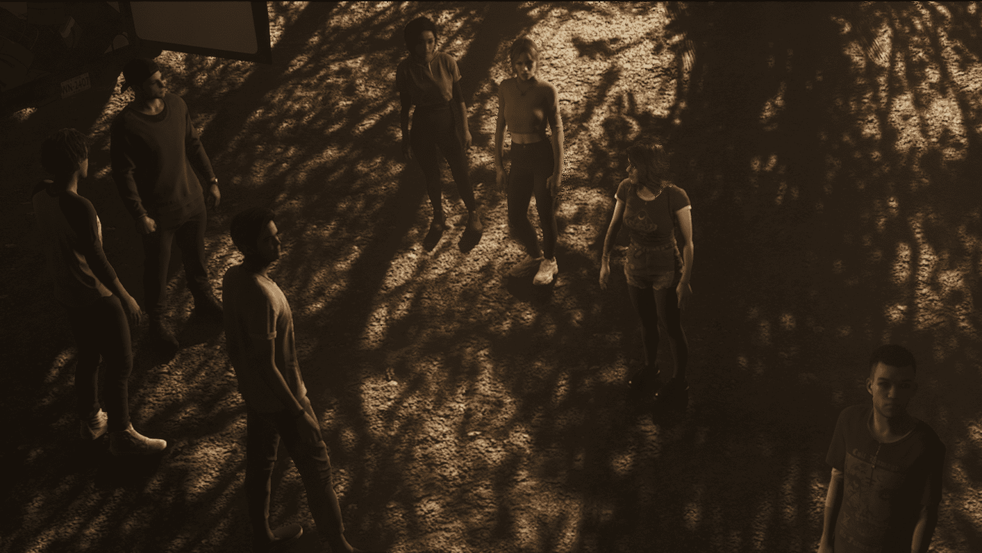 Seven young people gather around in an outdoor environment - Screenshot from The Quarry