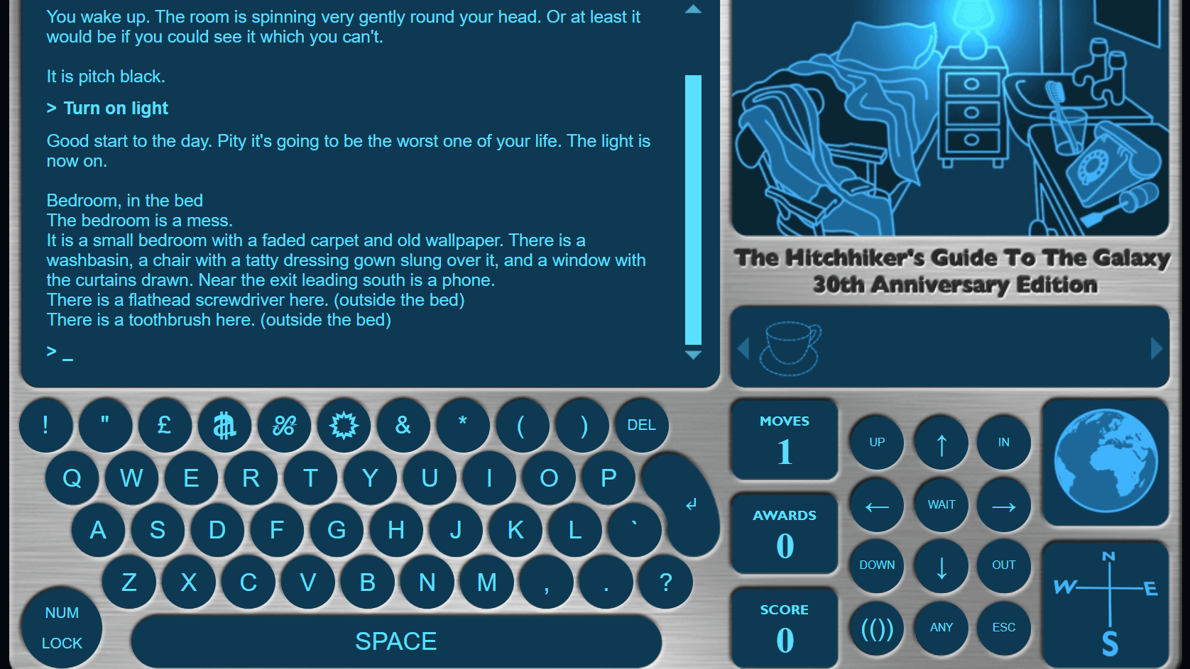 Image shows the interface of the HItchhiker's Guide to the Galaxy text adventure anniversary edition, showing a text window in the top right containing descriptions of actions and surroundings, a keyboard below, a pixelated image of the surroundings (an unmade bed, a beside table and lamp, a sink, a dresser holding a toothbrush, rotary telephone, and scredriver), and below a display of game stats: moves, awards, and score, along with a compass showing north, south, east, and west.