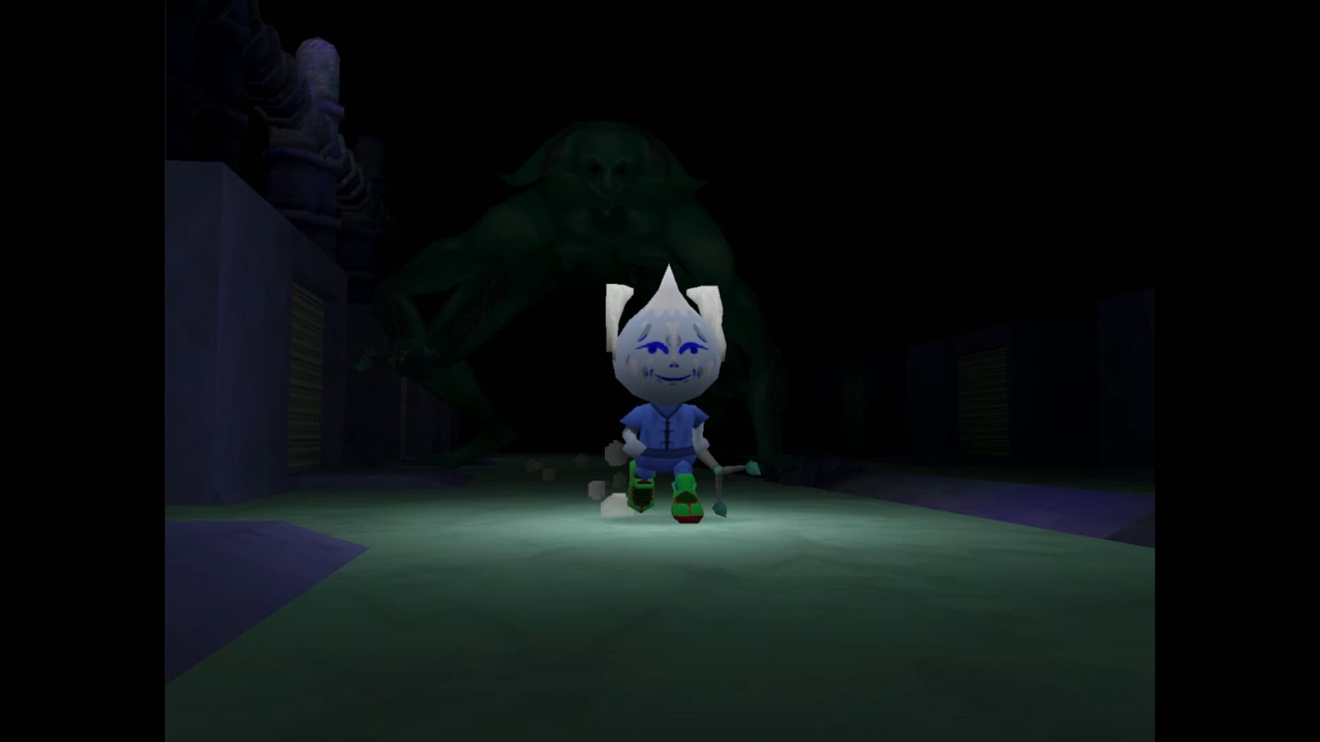 A tear-shaped protagonist being chased by a man-like monster on all fours