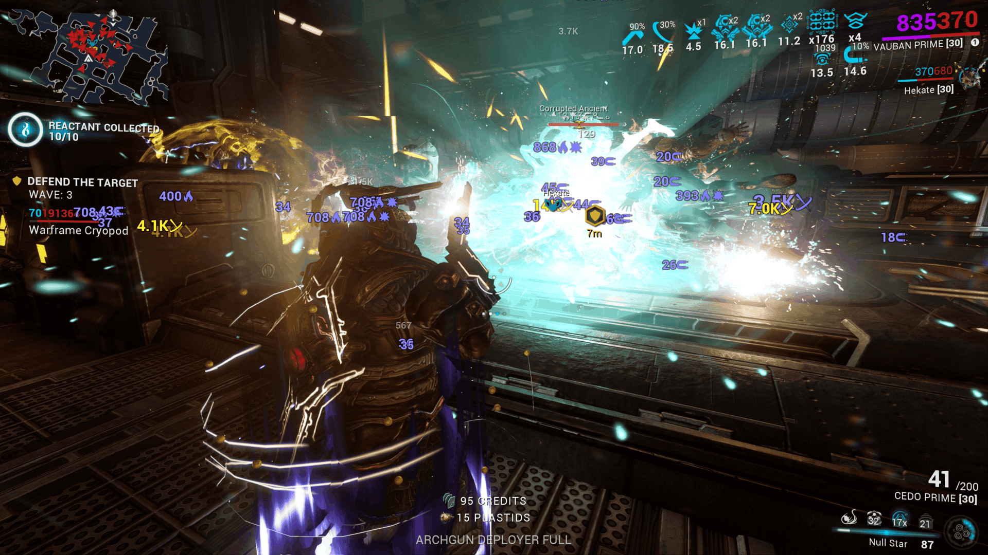 Vauban watches as enemies are tethered and and drawn into an exploding mass electricity, heat, and blast around the defense target in Warframe.