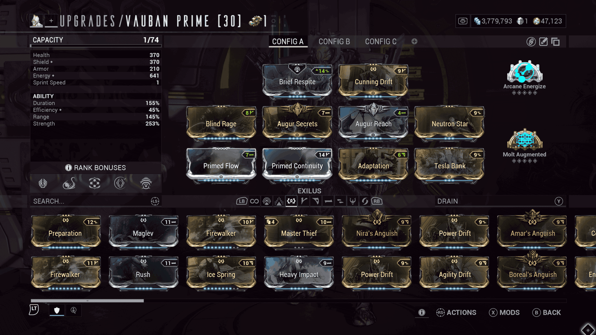 Vauban's mod screen in Warframe.