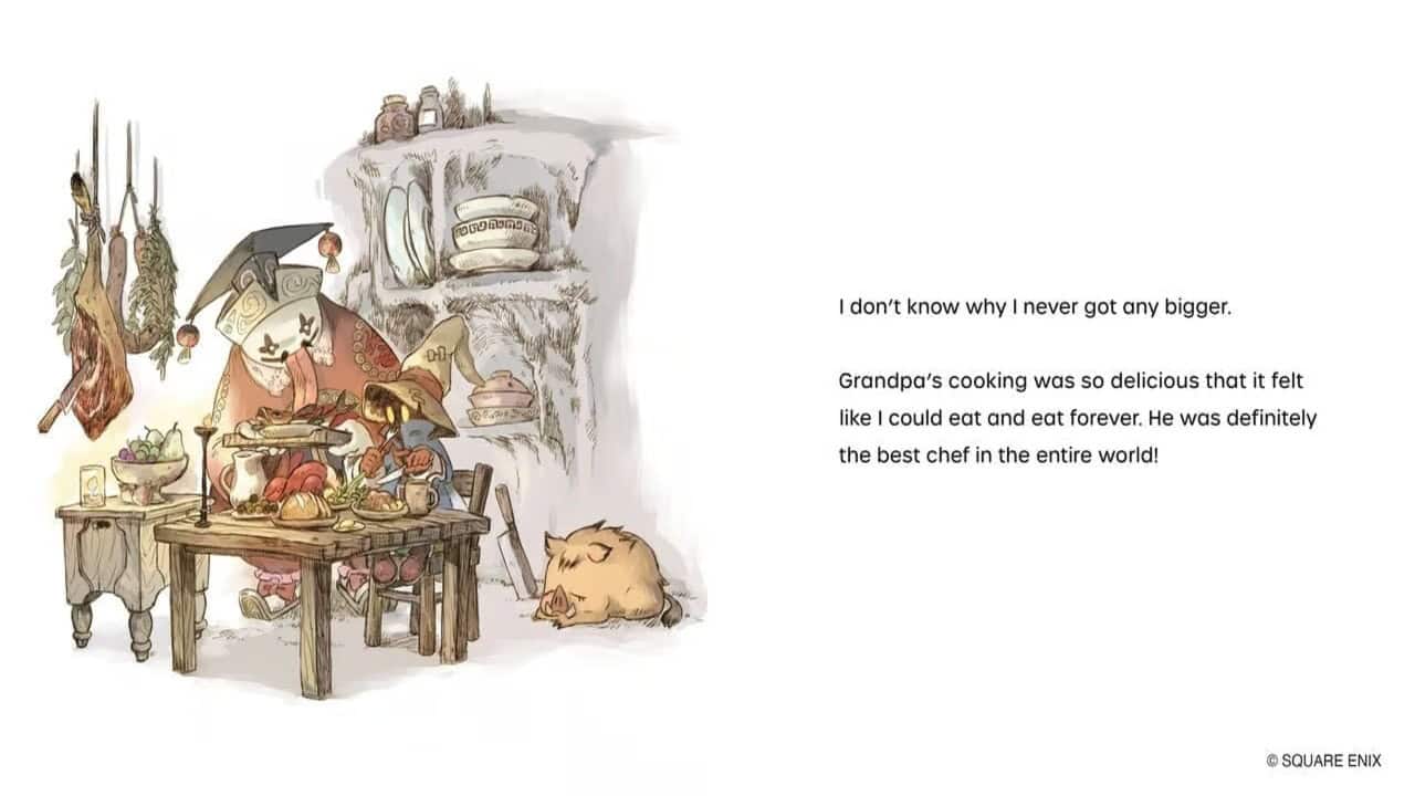 A page of the picture book, showing Vivi eating Quan's cooking