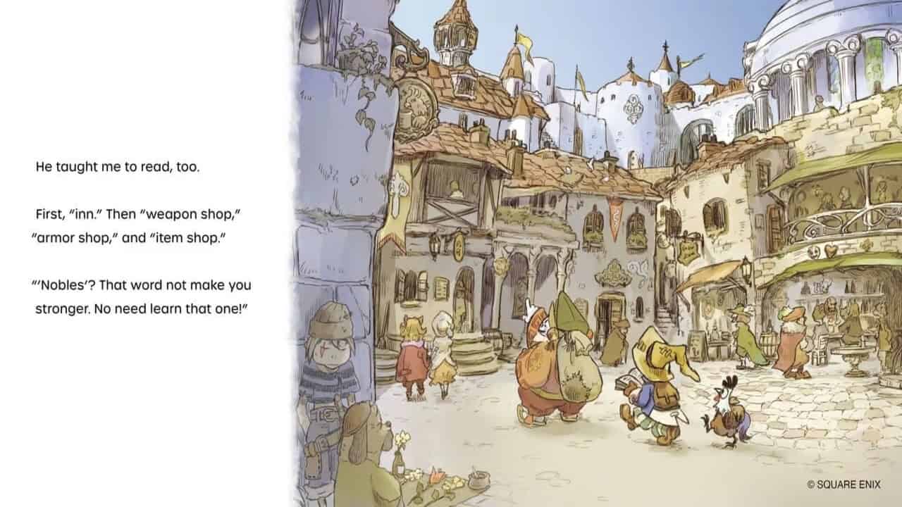 Vivi standing in a city surrounded by fantasy people