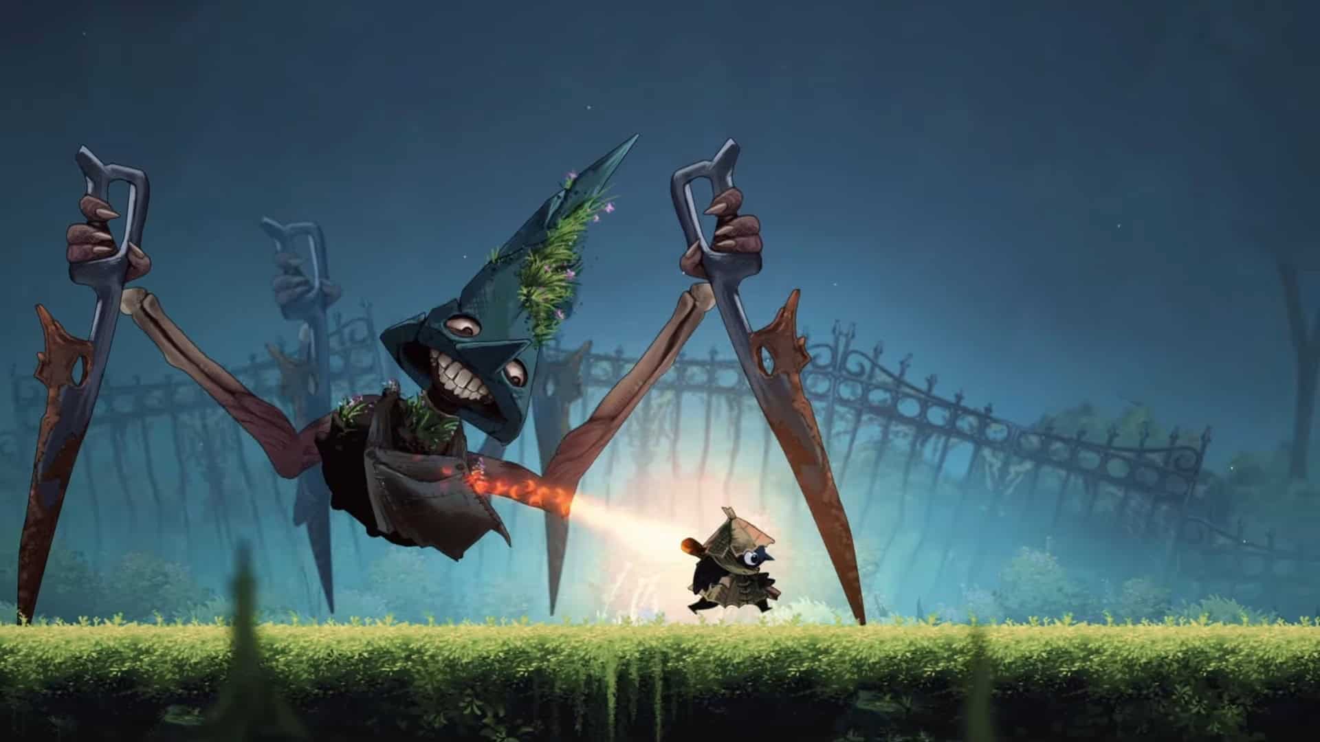 A boss fight against a grinning, spider-like creature with sharp legs in Well Dweller