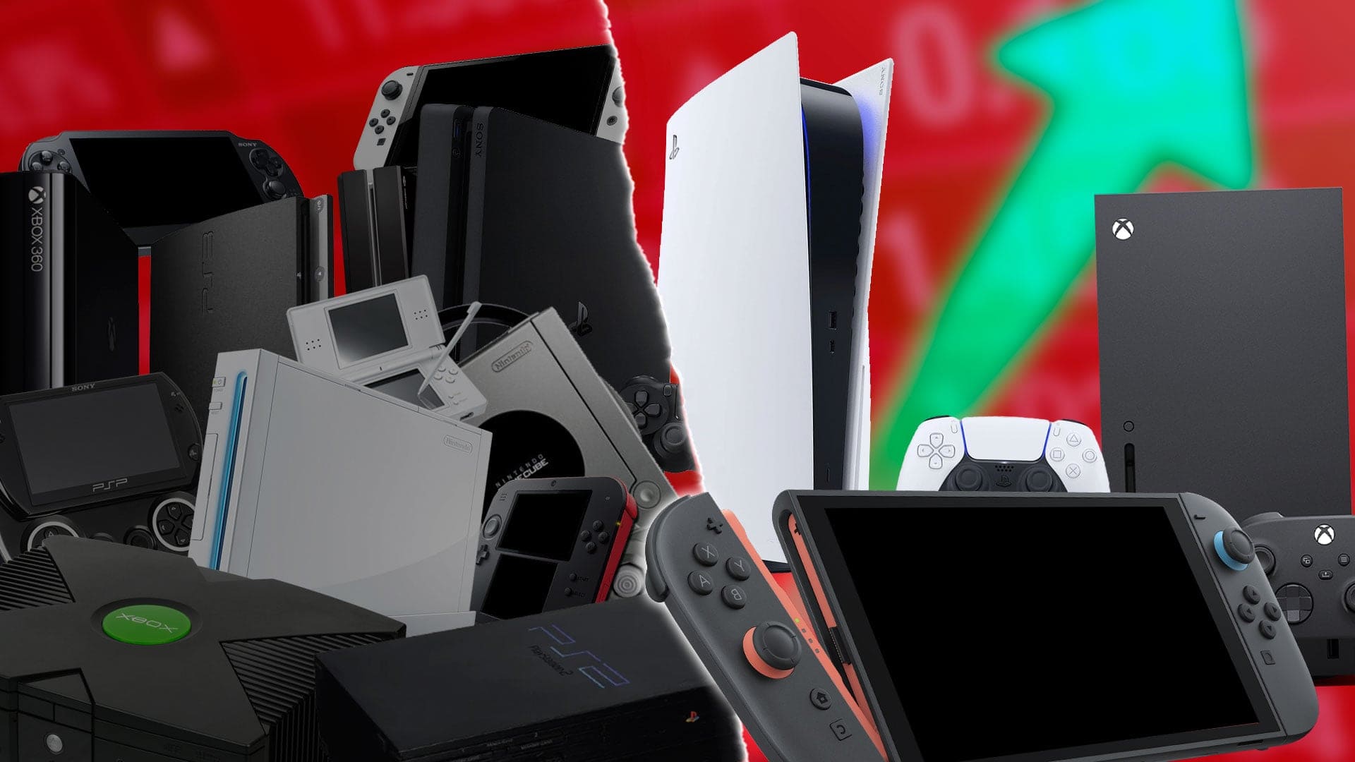 Images of previous console generations hardware side-by-side to PS5, Switch 2, and Xbox Series X