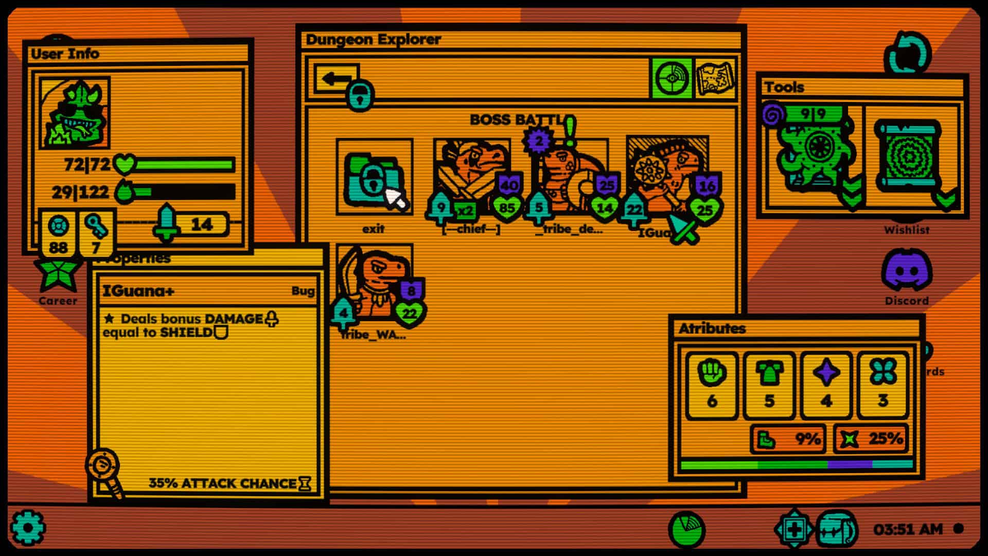 An illustrated desktop in vibrant colors with multiple windows showing different information about the game. One is titled User Info and shows an illustration of the User's profile pic, their HP, their MP, coins, and keys. There is an attributes windows with various symbols and numbers. There is a tools window showing two scrolls. There is a Dungeon Explorer window showing four enemy icons, a folder labeled exit, and a map icon in the top left corner. There is a Properties window on partially top of the Dungeon Explorer window showing information about the enemy that the cursor is currently hovering over. The cursor is shaped like a little dagger. The taskbar has a settings gear icon in the bottom left and a backpack and the time at the right. Some other icons, like Discord, can be seen partially obscured by the windows on the desktop.