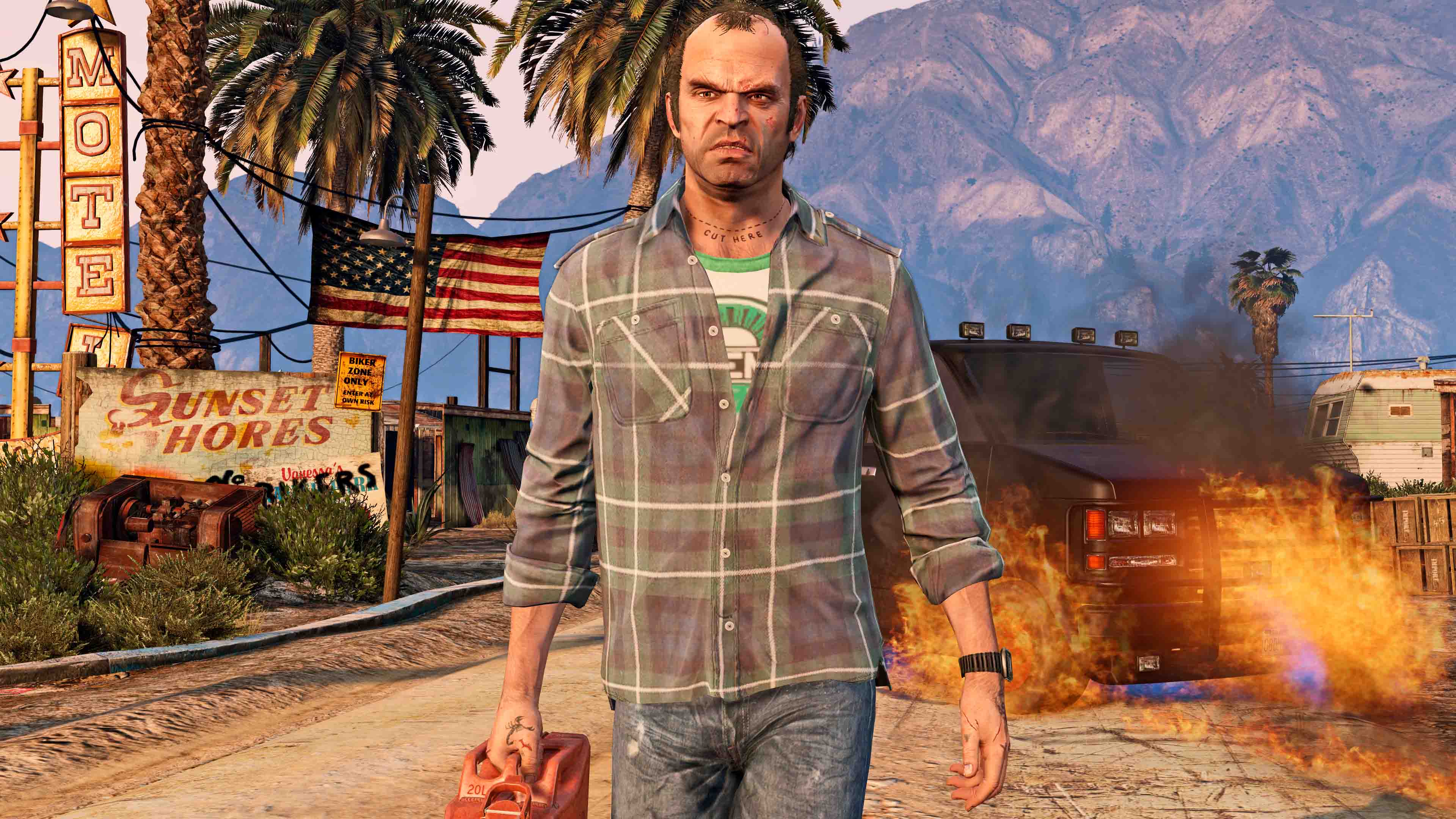 gta v Trevor with a burning car behind him