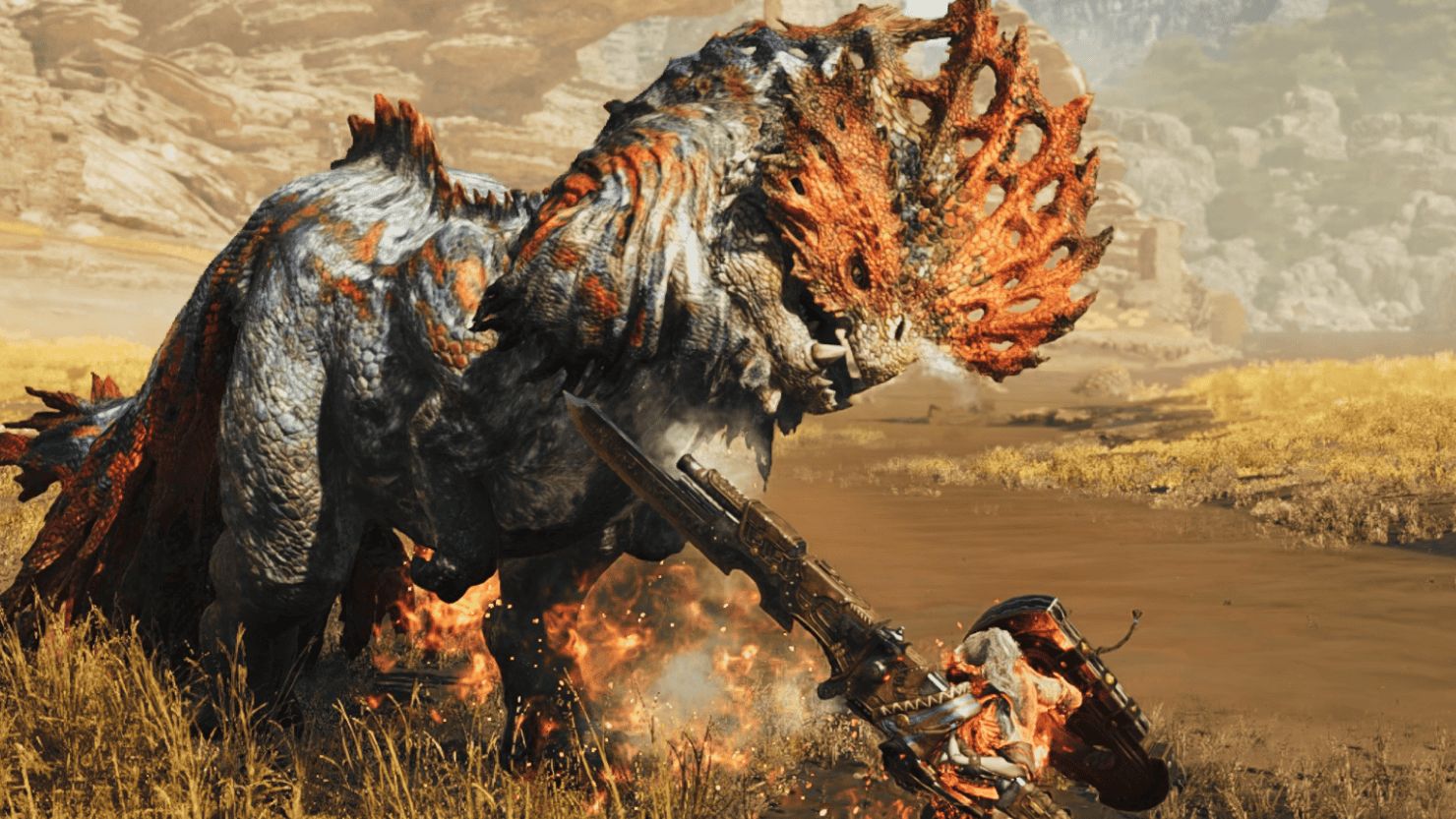 Screenshot from Monster Hunter Wilds of a female hunter wielding a gunlance and fighting a Quematrice - a chicken-like monster