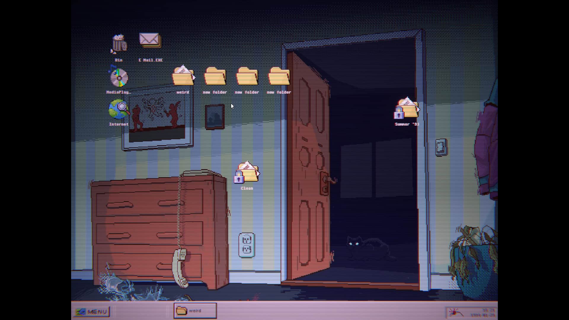 Pixel-art style illustration of a retro 2000s desktop with multiple folder icons, a recycle bin icon, a browser icon labeled Internet, an Email icon, and a MediaPlayer icon. The desktop background is an illustration of an empty room, a view of an open door looking into a dark room where a black cat crouches in the shadows. To the left of the door is a bureau. A landline phone hangs off the hook from a spiral cord and a shattered glass vase is at the bottom of the vase.