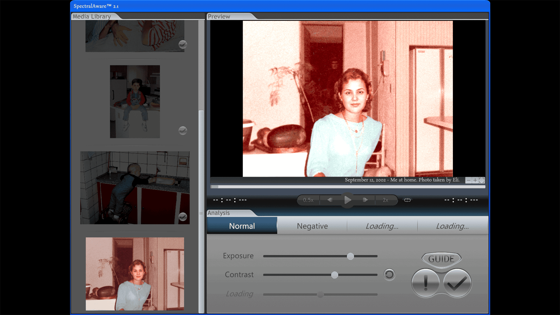Display of an older photo editing software titled "Spectral Aware". On the left is a vertical menu titled "Media Library" showing all available photos. On the right at the bottom is a tab titled Analysis with buttons for "Normal" and a "Negative Filter", sliders for exposure and contrast, a button labeled Guide, and two buttons to indicate whether or not the photo is haunted. Above the Analysis tab is the "Preview" tab containing the current photo being edited, showing a woman sitting in a kitchen facing the cameraam smiling. In the hallway some distance behind her, you can barely see a dark figure watching her. The photo is captioned "September 12, 2002 - Me at home. Photo taken by Eli."