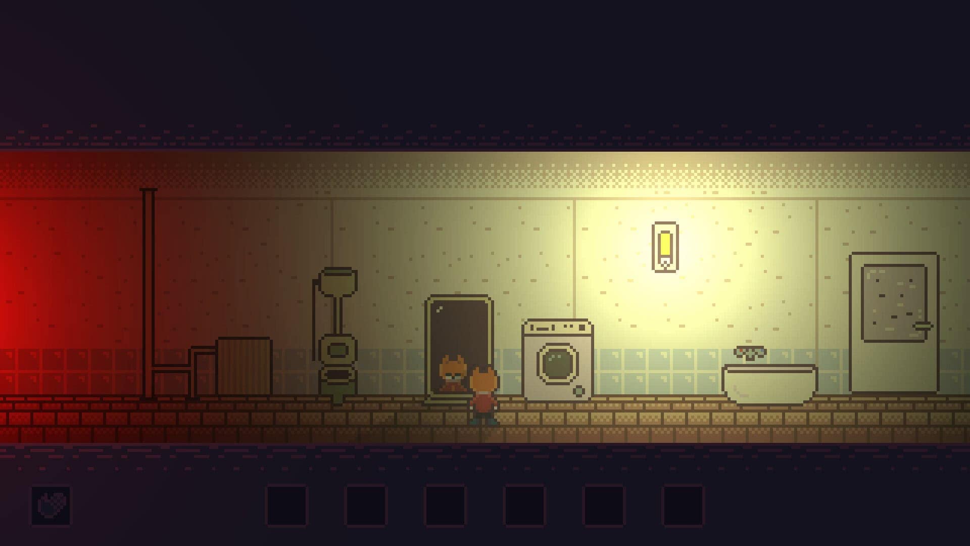 A pixel-art depiction of an anthropomorphic fox character wearing a sweater and boots in a bathroom, staring into a full-length mirror. An eerie red glow emanates from the left.