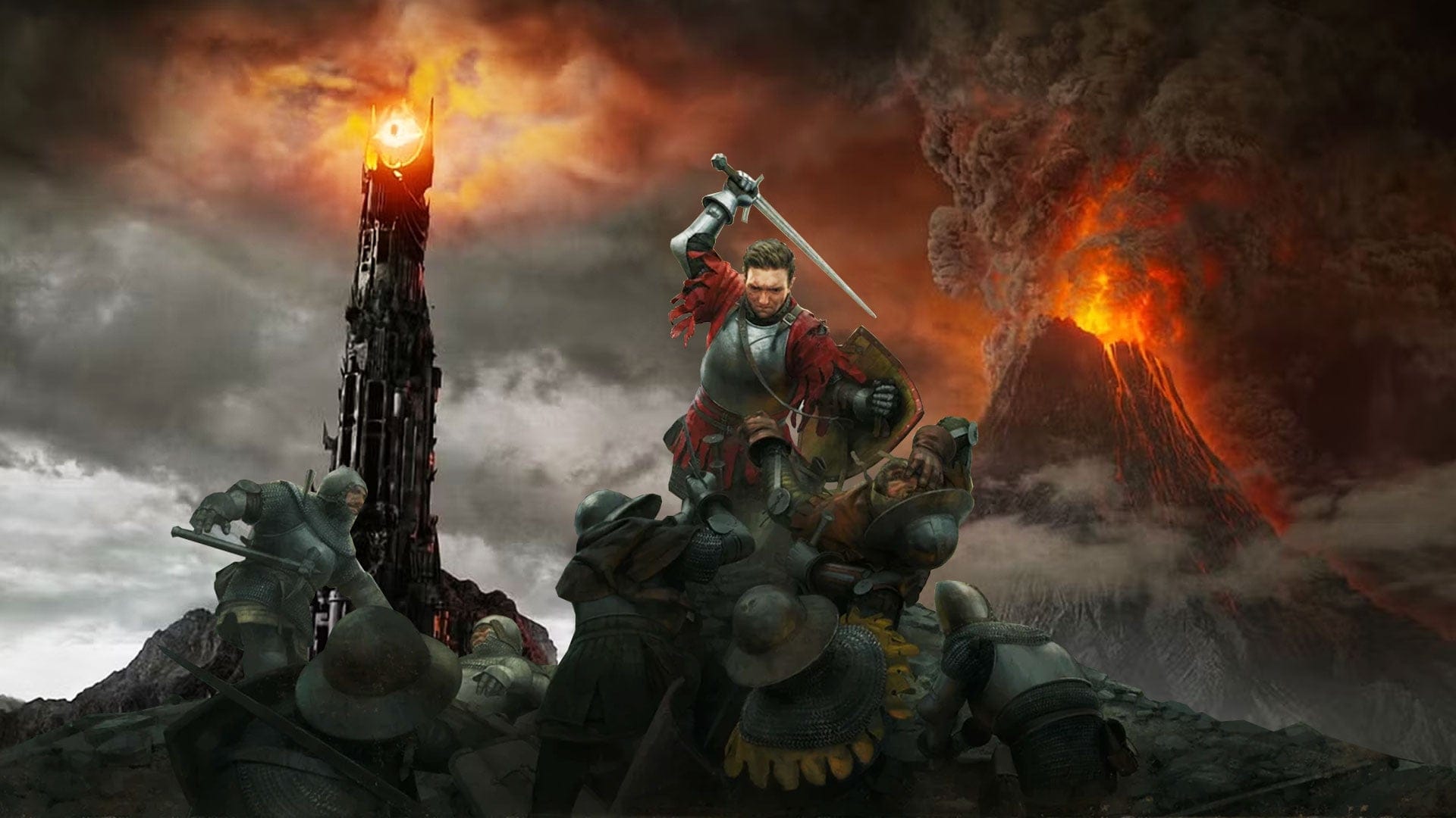 Edited image of Kingdom Come main character Henry with LOTR's Sauron Tower in the background