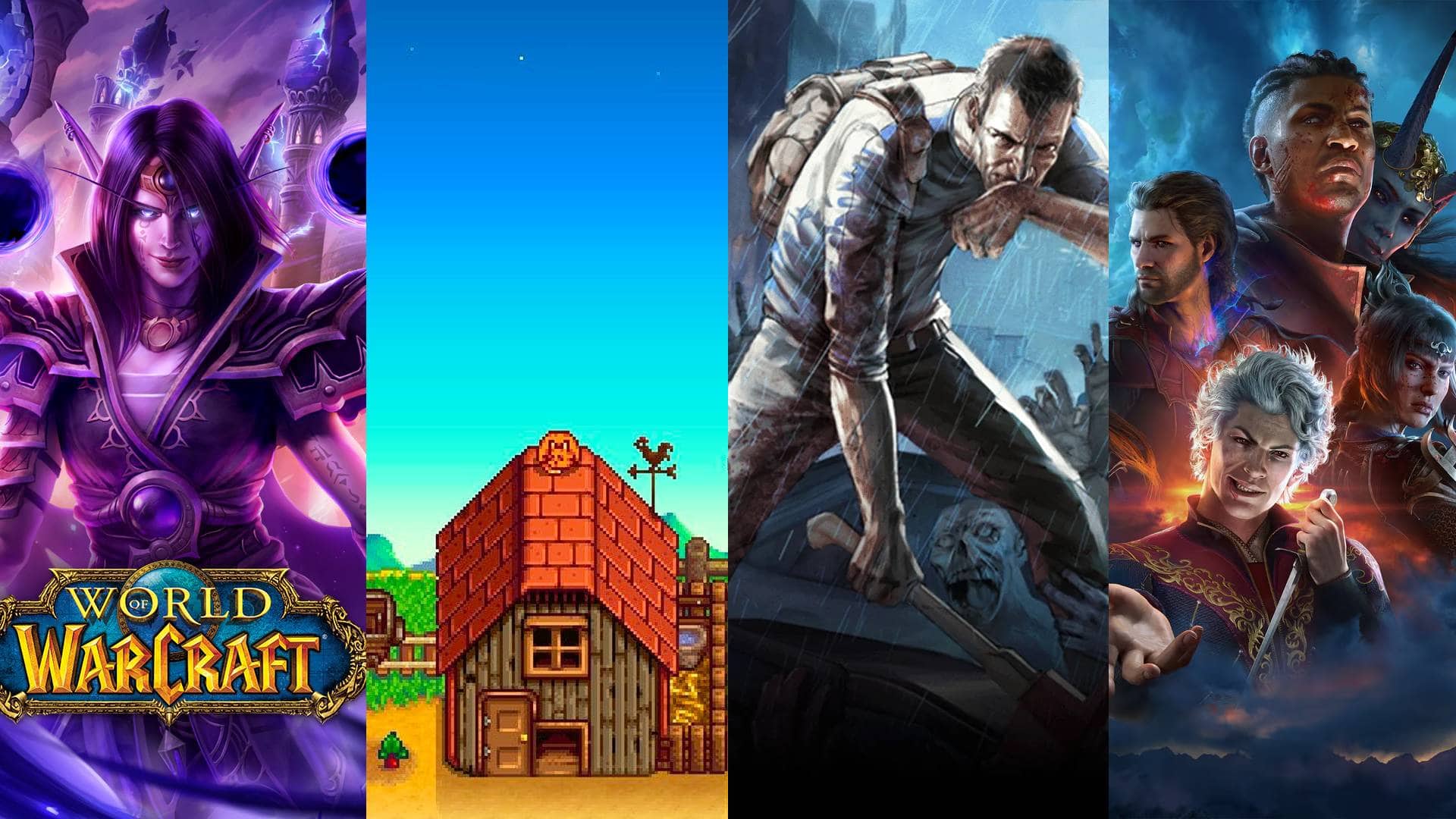 World of Warcraft, Stardew Valley, Project Zomboid and Baldur's Gate 3 keyart