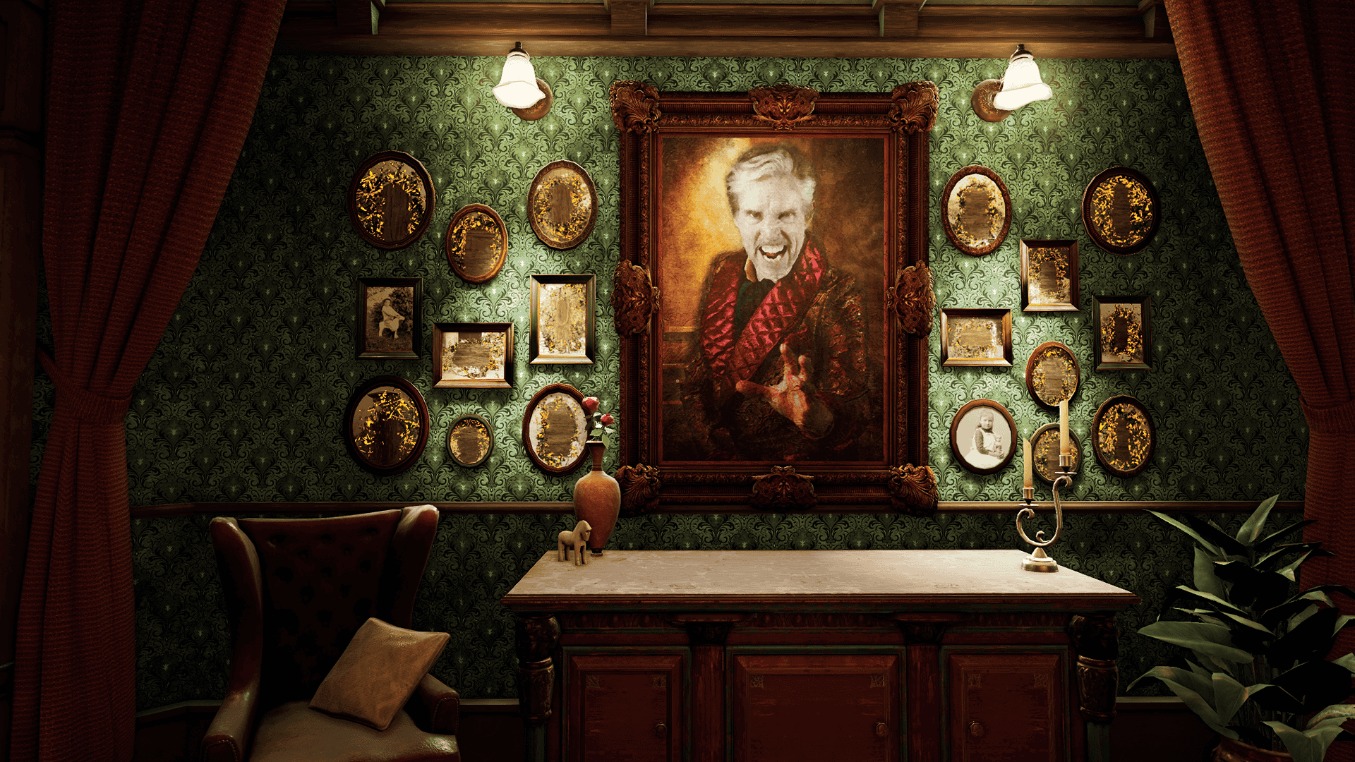 A wall of old-fashioned portraits, one very large one with smaller framed portraits on either side in varying sizes and shapes. Many of the smaller frames seem to have had their pictures burned away. The large portrait of an old man in a dressing gown is snarling and reaching toward the viewer with flames in the background. His eyes seem to be glowing.