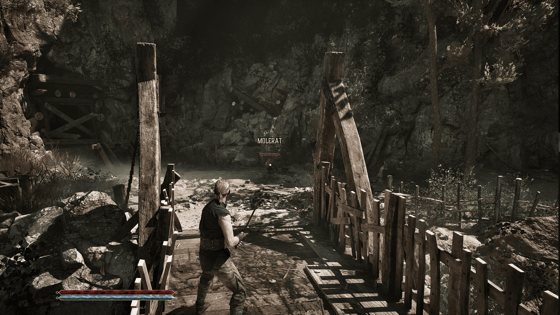 Gothic 1 Remake Screenshot showing the protagonist, wearing rags and holding a sword, standing on a bridge and facing a molerat.