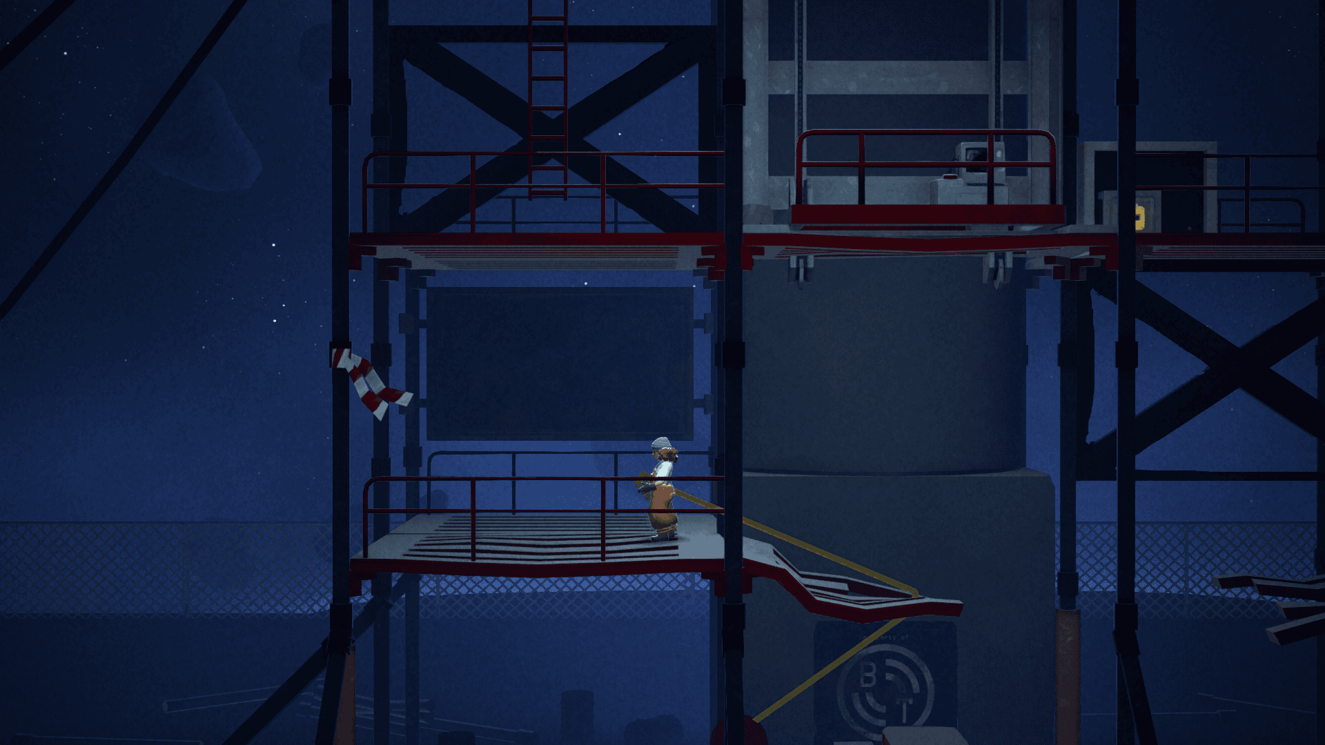 The protagonist working on a tower