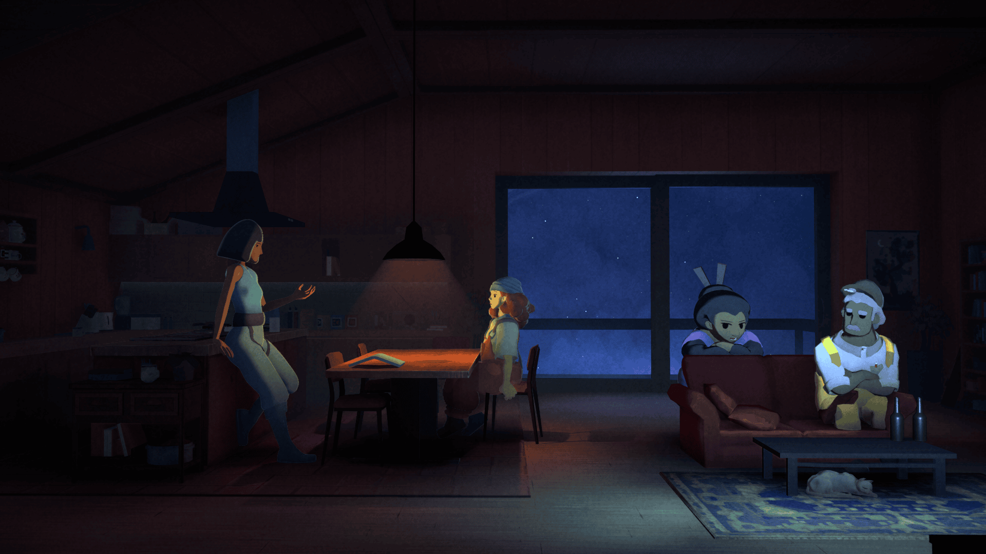 The protagonist sitting at a table with other crewmates in the same room, including an older gentleman, a lady with two sticks in her hair, and a younger character leaning on a counter